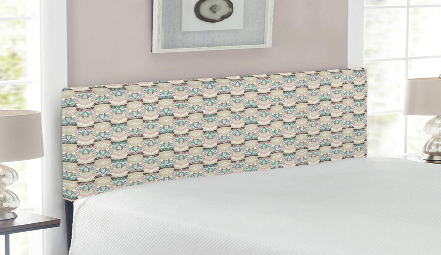 Ambesonne Queen Size Upholstered Metal Bed Headboard with Memory Foam - Native Owl Geometric Pattern in Tan Turquoise & Pale Pink | Modern Boho Bedroom Decor for Guest Rooms & Master Suites