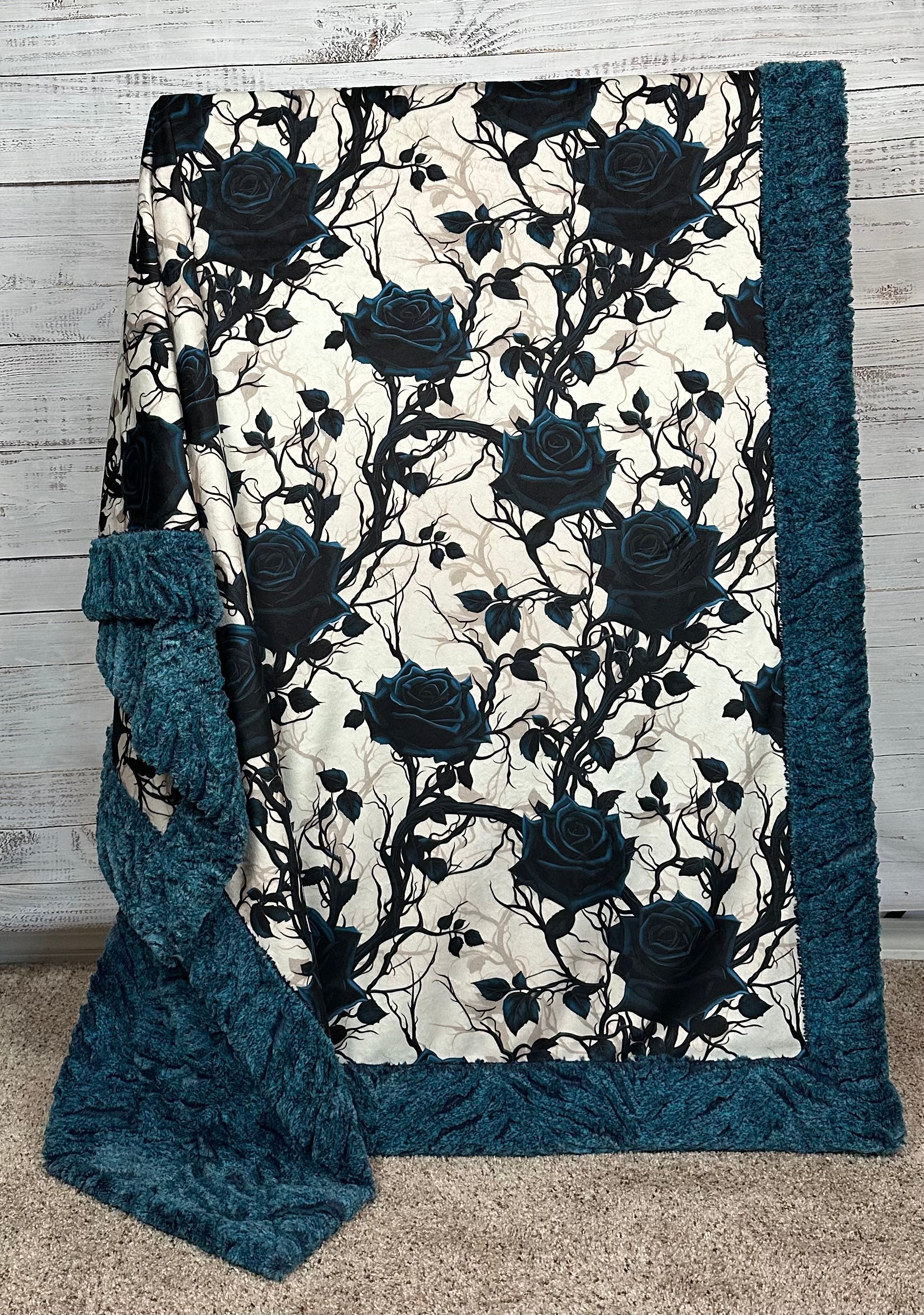Gothic Blue Roses on Heather Zebra Print Large 54x79 Minky Blanket - Soft Plush Throw for Bedroom, Couch & Cozy Home Decor