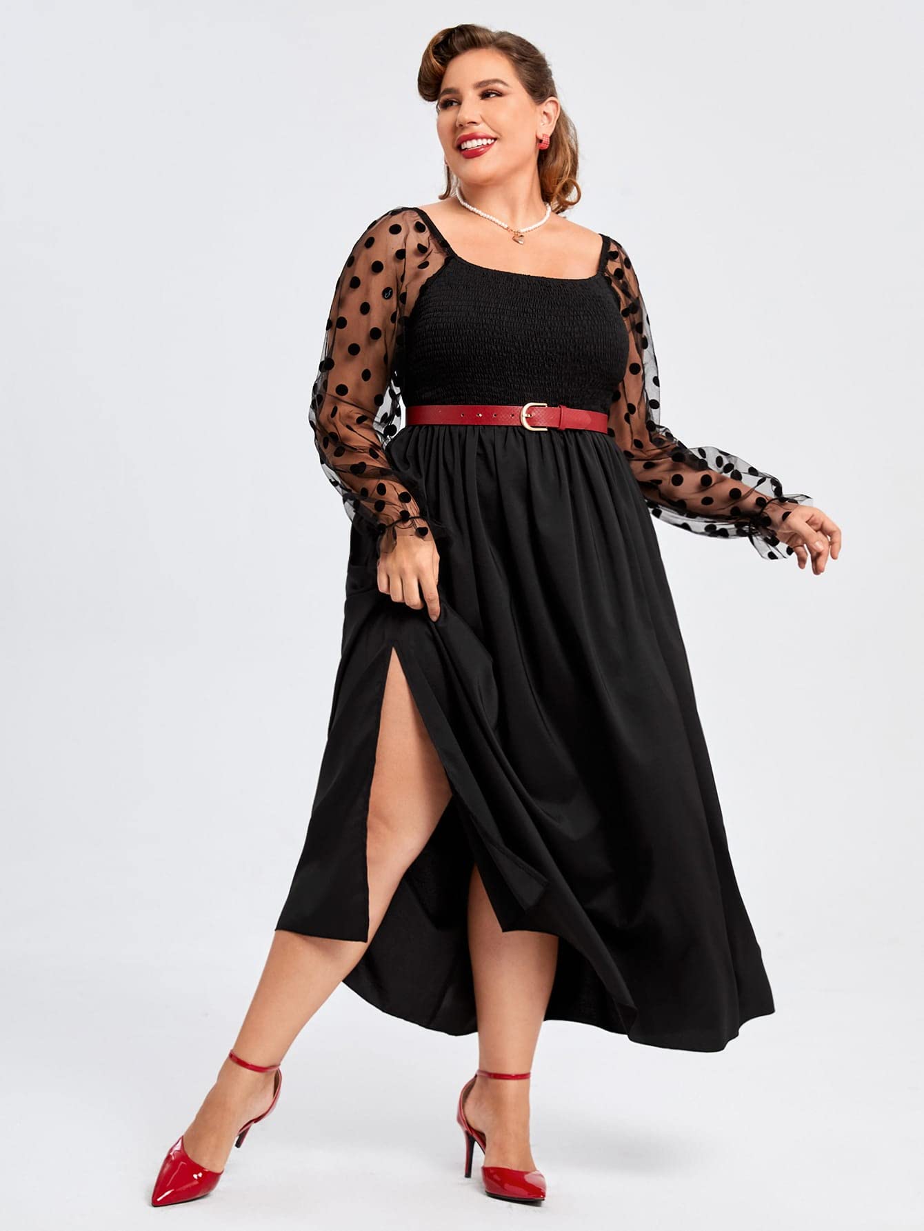 Plus Size Summer Dresses for Women - Black XX-Large Flowy Split Hem Dress with Contrast Dobby Mesh Panels | Casual Beach Wear, Vacation Outfit, Party Dress