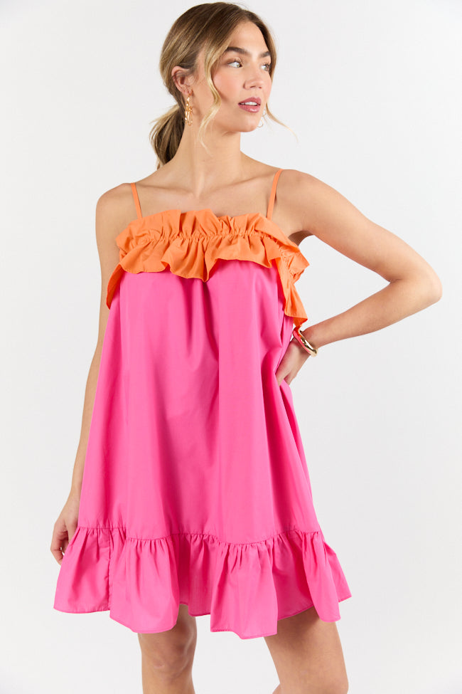 Pink and Orange Ruffle Detail Two Tone Mini Dress - Women's Party Cocktail Dress for Summer, Date Night & Special Occasions