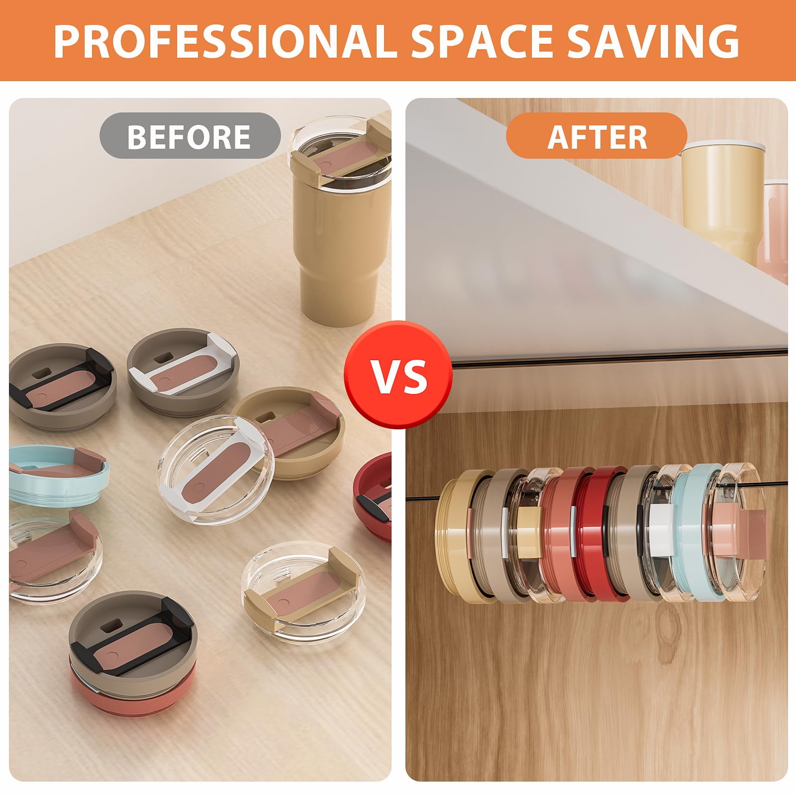 Premium Tumbler Lid Organizer - Under Cabinet Cup Lid Storage Holder, Space Saving Kitchen Organizer with Easy Installation for Drinking Tumblers (Black) - Perfect for Kitchen Cabinet, Pantry & Coffee Station Organization