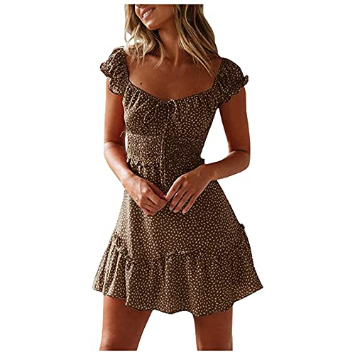 Women's Sexy Summer Sundress - Floral Print Mini Dress with Pleated Neckline & Sleeves (Brown, Size S) | Perfect for Beach Vacations, Date Nights & Summer Parties