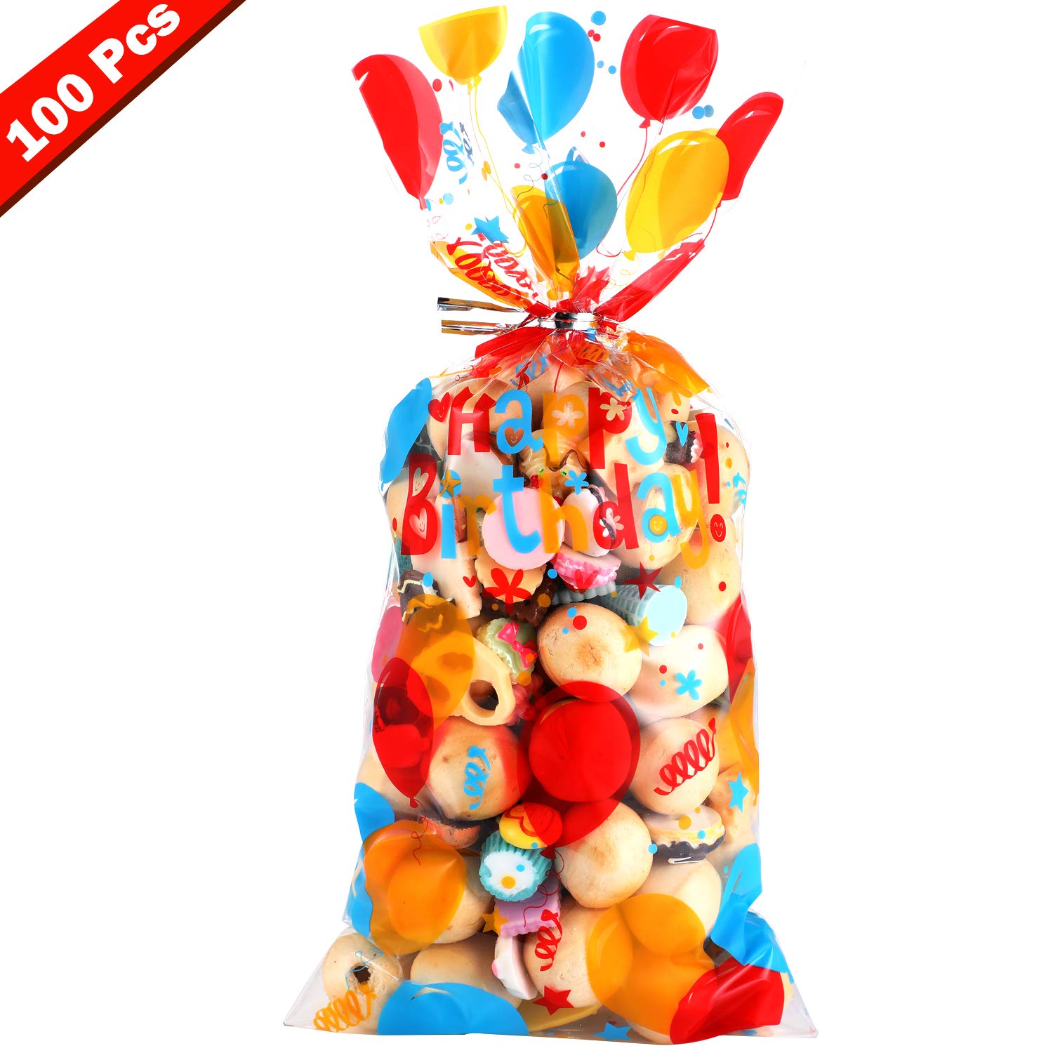 Blulu 100-Pack Colorful Birthday Cellophane Gift Bags with Silver Twist Ties - Party Favors for Weddings, Baby Showers & Birthday Celebrations - Perfect for Candy, Treats & Small Gifts