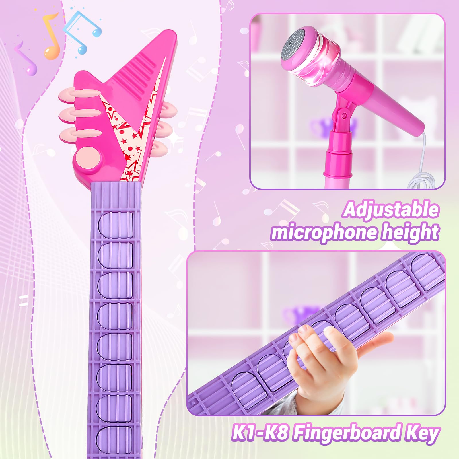 deAO Kids Guitar and Microphone Set - Adjustable Height Musical Toy with Colorful Lights & Stand | Perfect for Birthday Gifts, Karaoke Singing, and Early Music Education for Boys & Girls