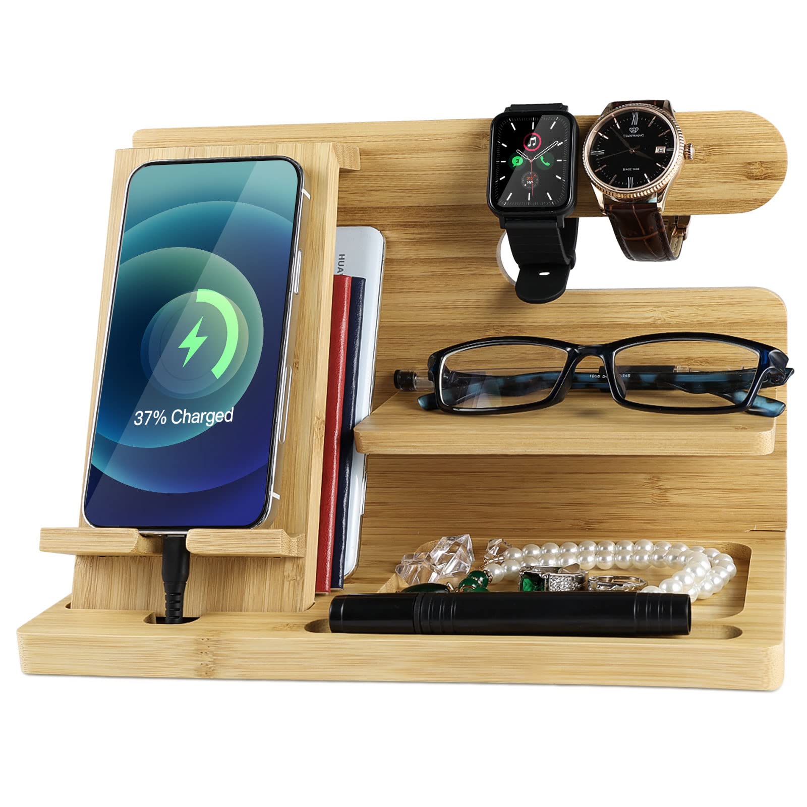 Premium Wooden Docking Station & Charging Organizer for Men - Multi-Device Nightstand Stand for Phone, Watch, Earbuds & Tablets - Perfect Home & Office Electronics Accessory for Neat Charging & Organization