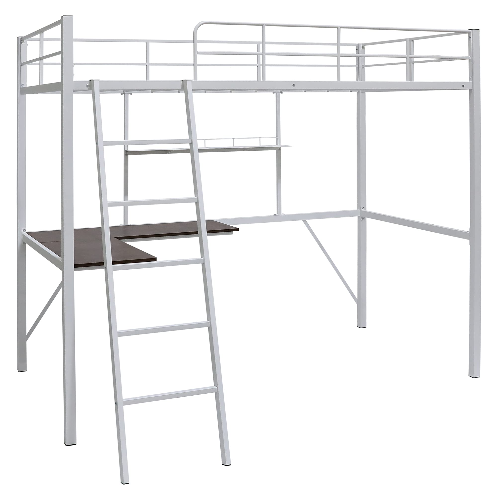 Twin Metal Loft Bed with Desk & Shelves - Heavy Duty Steel Loft Bed Frame for Kids, Teens & Adults | Includes 2 Ladders & Safety Guard Rails | Space-Saving Modern Design for Small Rooms, Dorms & Apartments (White)