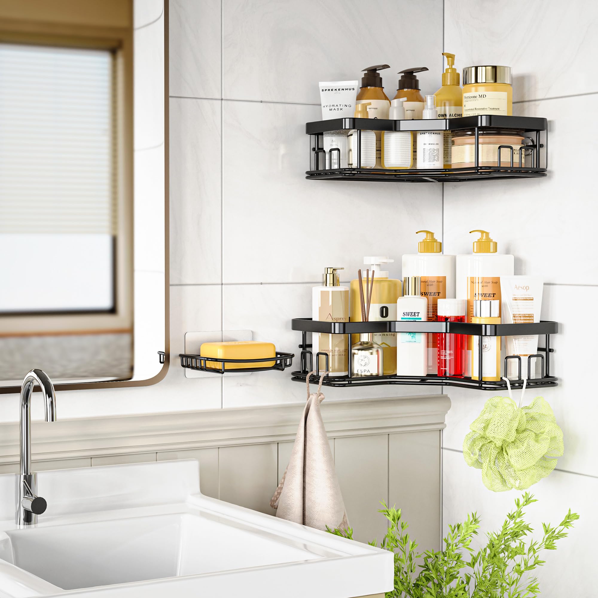 MAXIFFE 3-Pack Shower Caddy Organizer - Rustproof Corner Shelves & Storage Rack for Bathroom, Countertop & Shower Accessories - Space Saving Home Decor Set in Black (Perfect for Small Bathrooms & Apartment Showers)