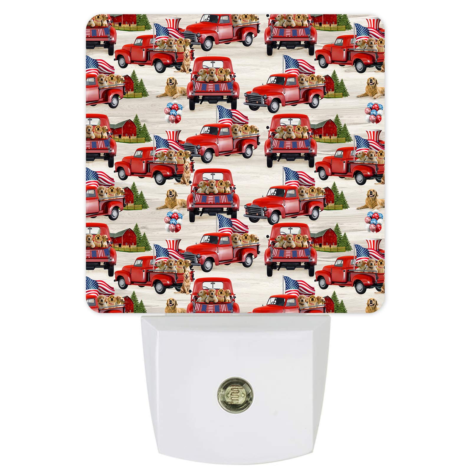 LED Red Independence Truck Night Light with Golden Retrievers - Farmhouse Animal Barn Wall Decor, Square Plug-in Light for Bathroom, Bedroom, Nursery, Hallway & Living Room | Perfect for Kids' Rooms, Pet Lovers' Homes & Rustic Decor