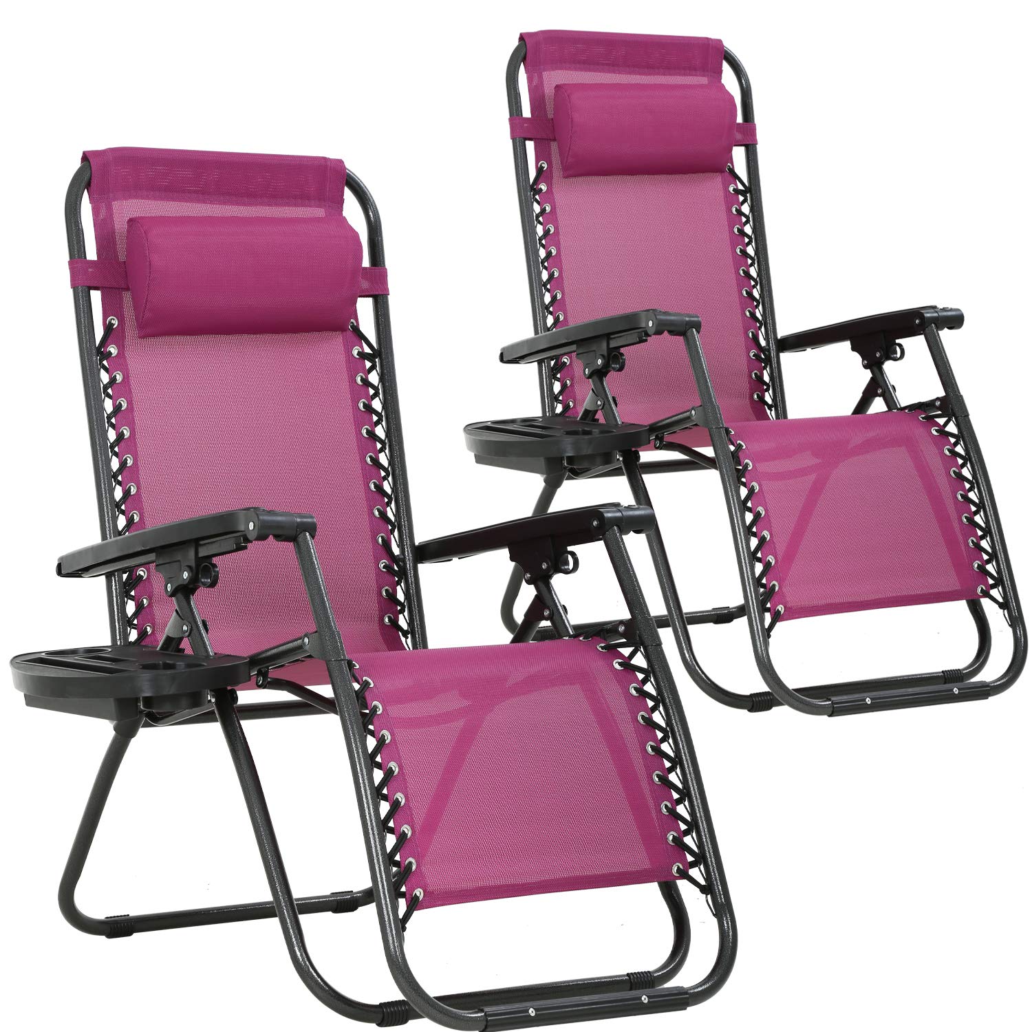 Zero Gravity Lounge Chair Set of 2 - Adjustable Reclining Patio Chairs with Pillow & Cup Holder, Portable Folding Outdoor Recliners for Deck, Lawn, Poolside, Beach, Camping (Red) - Perfect for Relaxing in Your Backyard, Vacation Getaways or Outdoor Adventures