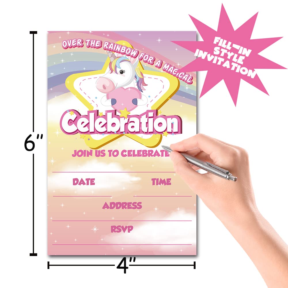 Magical Unicorn Birthday Party Invitation Cards - 20 Premium Invites with Envelopes for Girls' Birthday Celebrations, Unicorn Theme Party Supplies, Rainbow Decorations - Perfect for Kids' Birthday Parties, Baby Showers & Special Events (DLM220)
