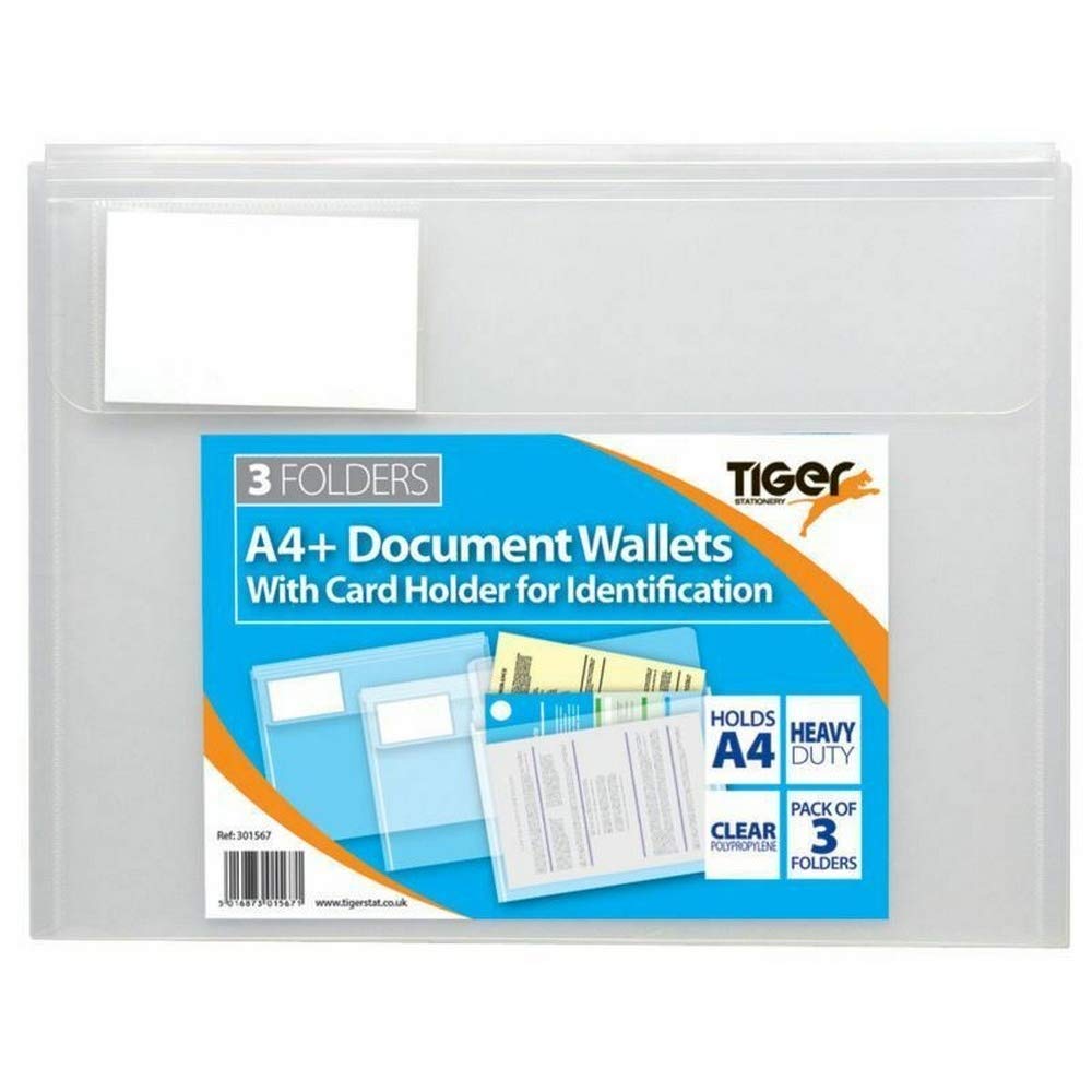 Premium A4 Document Wallets - 3-Pack Waterproof File Folders for Office, School & Home Organization | Tiger Stationery | Letter Size File Storage for Papers, Reports & Important Documents