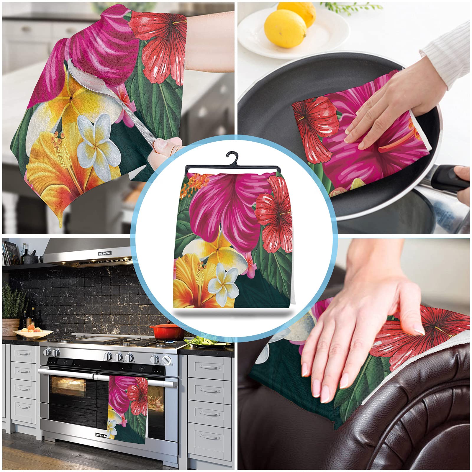 **Premium Hibiscus Floral Microfiber Dish Towels Set of 4 - Super Absorbent, Quick-Drying & Lightweight Kitchen & Bath Towels (18x28 Inches) - Perfect for Drying Dishes, Cleaning Countertops & Adding Tropical Decor**