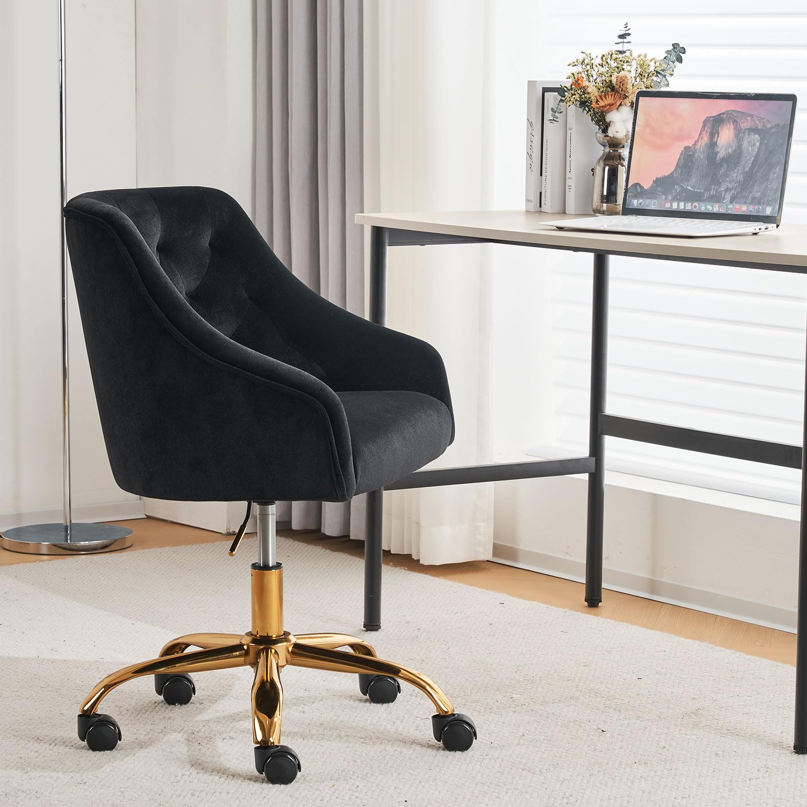 MOJAY Velvet Office Swivel Chair - Adjustable Height 360° Rotating Desk Chair with Gold Base, Luxurious Fabric Upholstery for Women's Workspace, Reception Area or Home Office (Black) - Perfect for Working, Studying & Video Conferencing