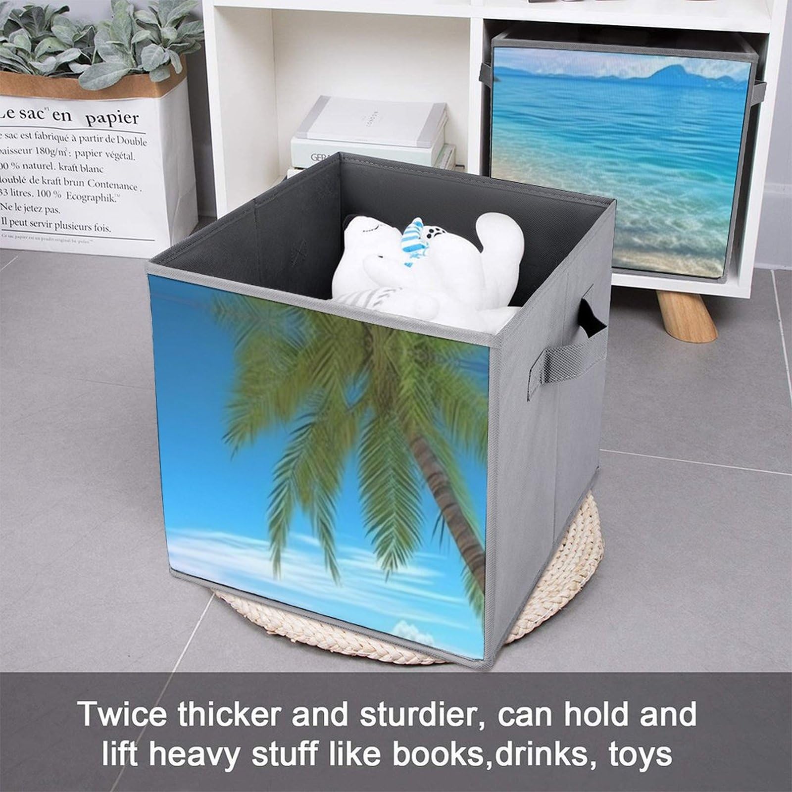 6-Pack Collapsible Storage Bins with Handles - Large Woven Storage Baskets for Closet, Home Organization | Hawaiian Beach Palm Tree Design | Perfect for Bedroom, Bathroom, Kids' Toys & Seasonal Clothing Storage
