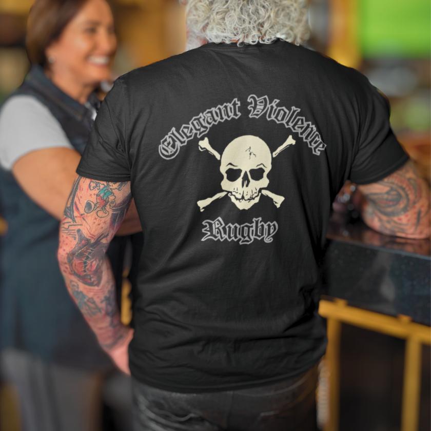 Elegant Violence Rugby Skull Graphic T-Shirt for Men - Gothic Punk Streetwear & Sports Fan Apparel