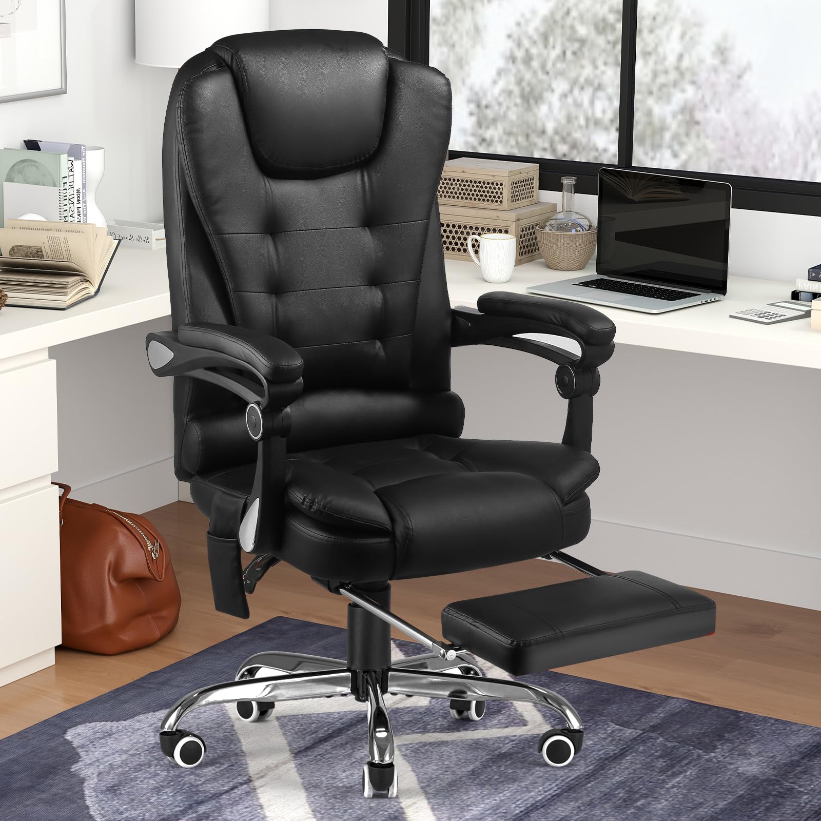 Ergonomic Heated Massage Office Chair with 7-Point Vibration, Adjustable Height & Footrest - Black Leather Computer Desk Chair for Home Office with Lumbar Support - Perfect for Long Work Sessions, Gaming & Relaxation