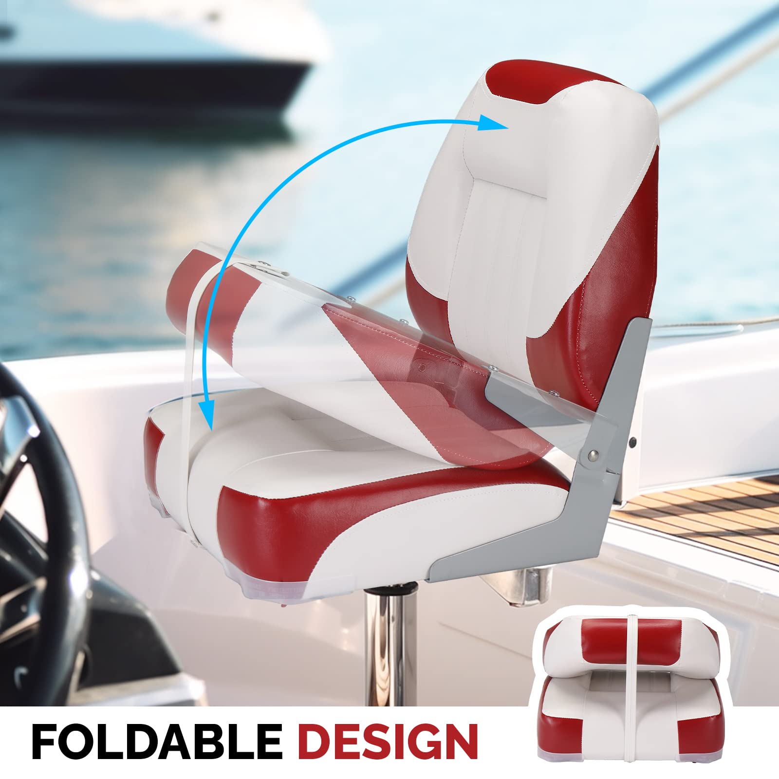 PEXMOR Low & High Back Folding Boat Seats - Waterproof Fishing Boat Captain Chairs with Aluminum Hinges & Thick Soft Cushion (2 Pack, Low Back Red & White) - Perfect for Fishing, Boating & Marine Activities