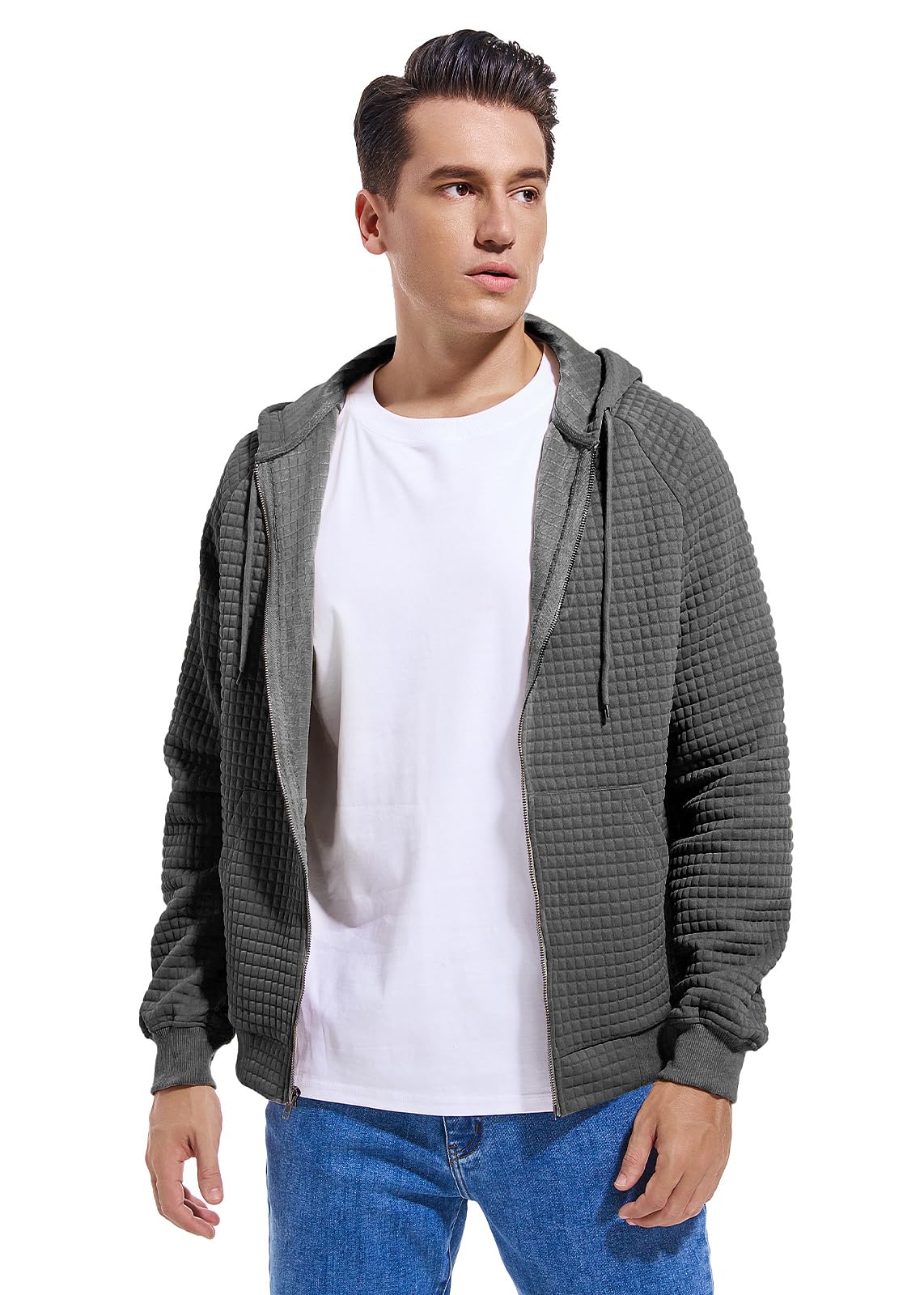 Men's Lightweight Waffle Hoodie Full Zip Jacket - Plaid Long Sleeve Hooded Sweatshirt with Kangaroo Pocket for Casual Wear & Outdoor Activities