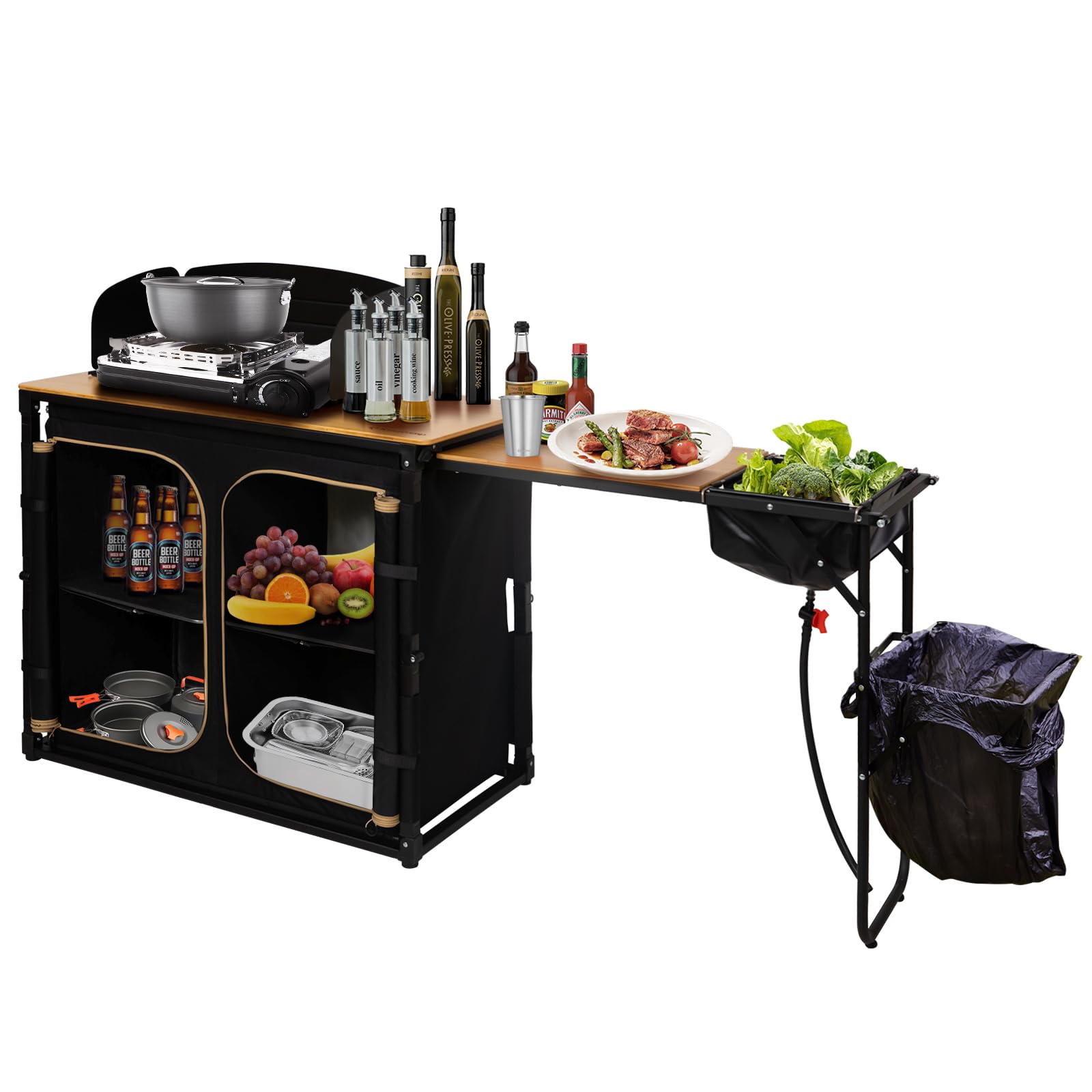 KingCamp XL-Black Bamboo Folding Camping Table with Aluminum Frame, Lantern Pole, Side Hooks & Pockets - Portable Outdoor Cooking Station for Camping, Picnics, BBQ & Tailgating