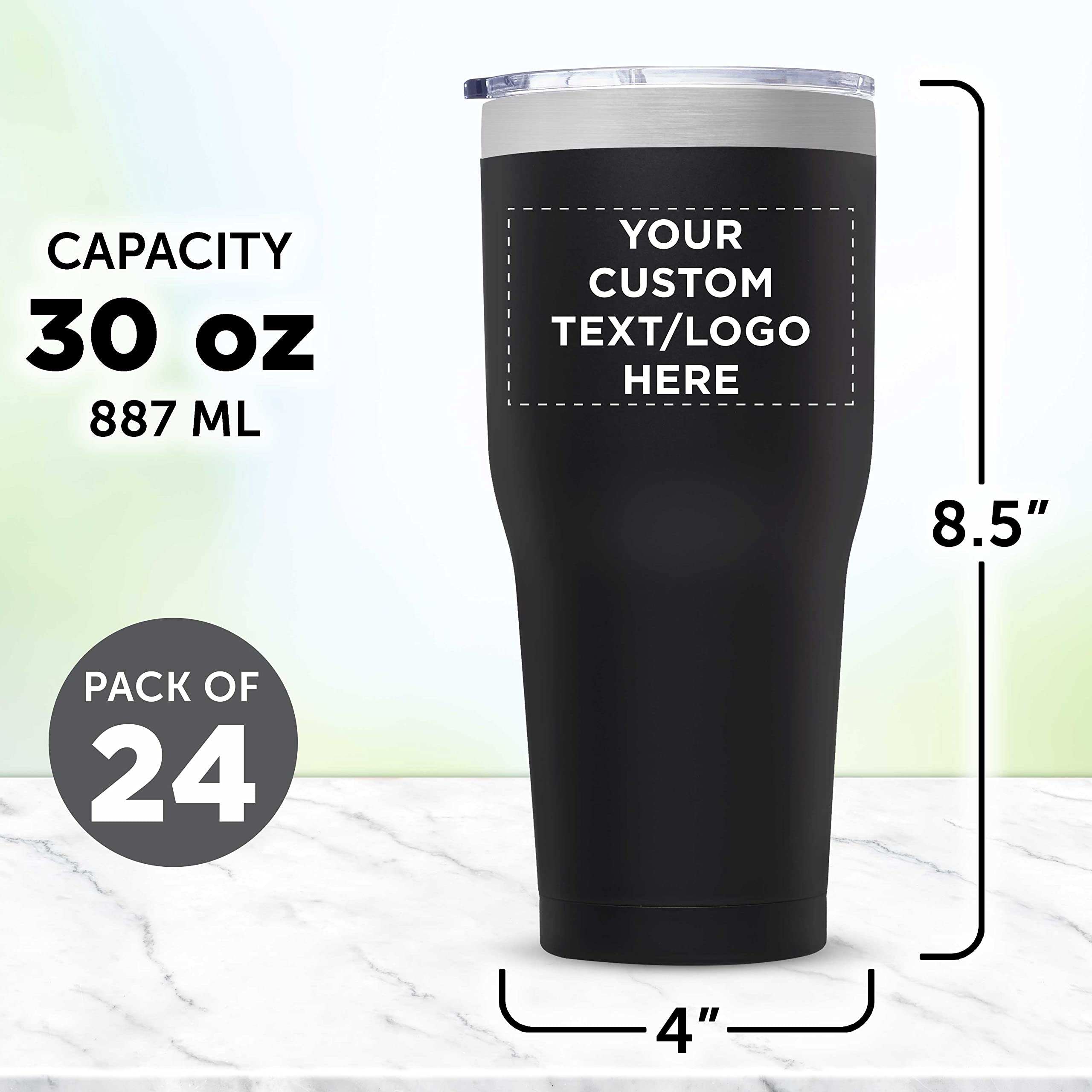 Custom 30 oz Big League Travel Tumblers - Set of 24 Insulated Stainless Steel Cups with Double Wall Vacuum - Personalized Bulk Pack for Coffee, Tea, Hot Cocoa & Cold Drinks - Perfect for Team Sports, Office, Camping & Outdoor Activities - Black