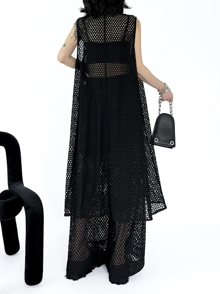 Trendy Black Grid Vest & Wide Leg Pants Two-Piece Set for Women - Lapel Sleeveless Jumpsuit Outfit | Plus Size Fashion | Spring & Fall 2025 Collection | Perfect for Office Wear, Date Nights & Casual Outings