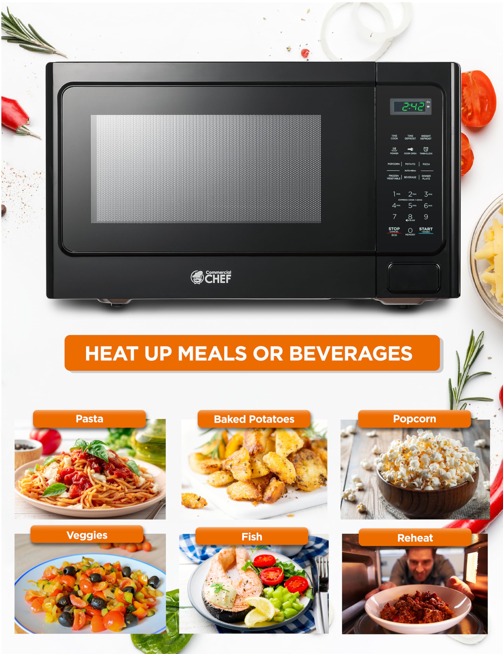 Commercial Chef 1.3 Cu Ft 1000W Countertop Microwave with 10 Power Levels, Push Button Door Lock, Digital Controls & Timer - Perfect for Home Kitchen, Office Breakroom, Dorm Room & Small Spaces (Black)