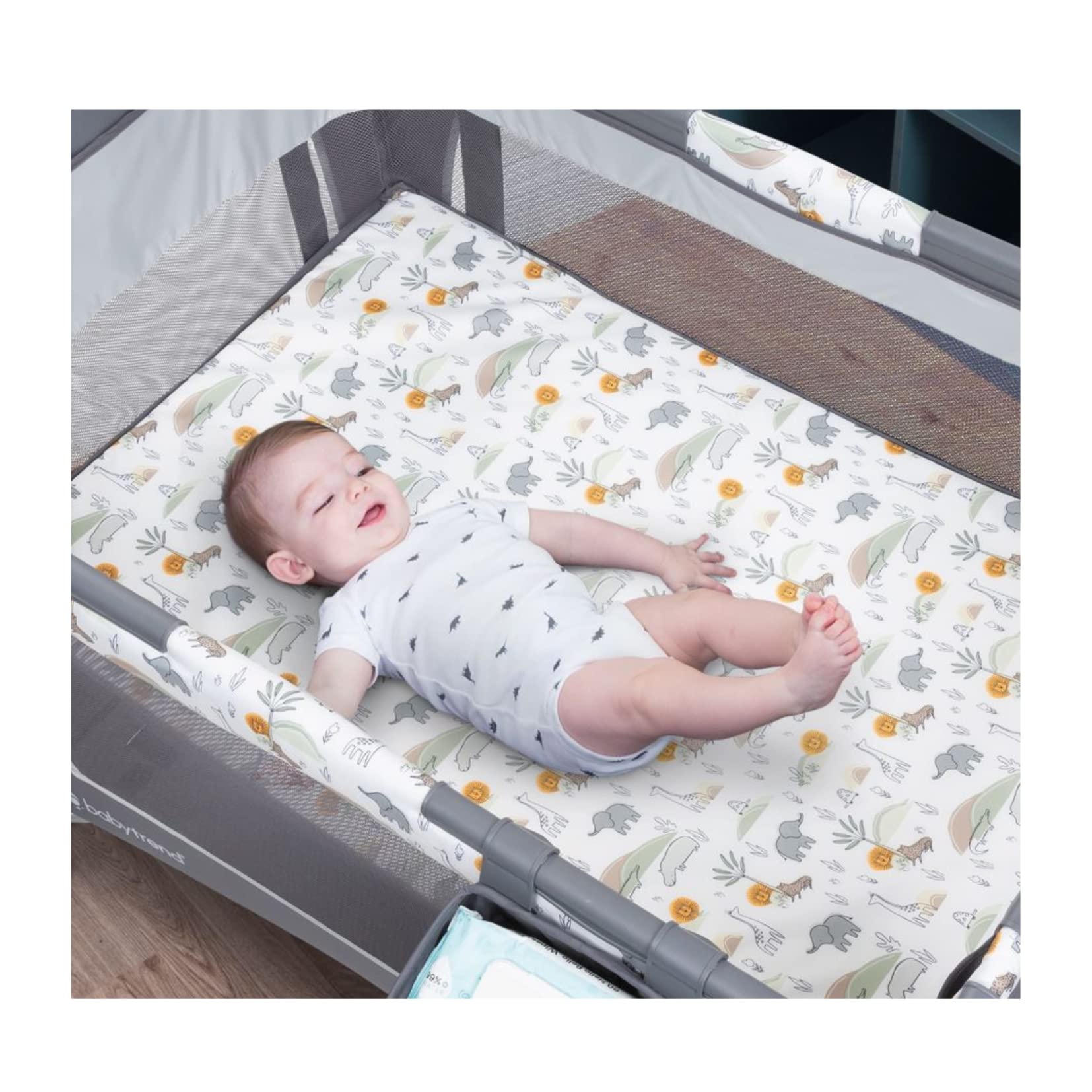 Baby Trend Retreat Twins Nursery Center - Portable Infant Playard with Canopy & Storage, Quarry Grey | Perfect for Twins, Travel, Daycare & Home Use