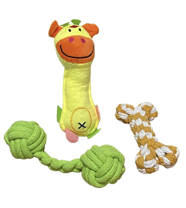 3 Piece Cute Squeaky Dog Chew Toys for Small & Medium Puppies - Durable Natural Cotton Teething Toys - Non-Toxic & Safe Pet Supplies - Perfect for Puppy Training, Boredom Relief & Dental Health