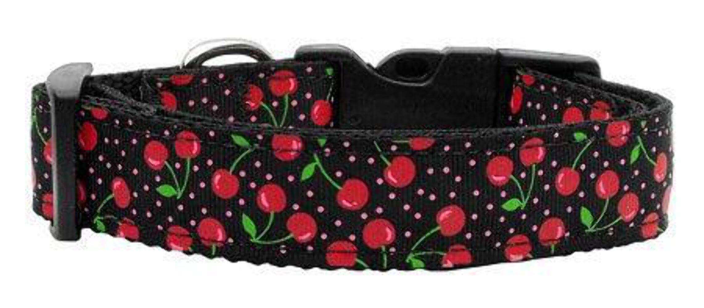 Premium Nylon Dog & Cat Collar or Leash with Cherry Pattern - Adjustable Black Pet Collar for Small to Medium Pets - Perfect for Walks, Training & Outdoor Adventures