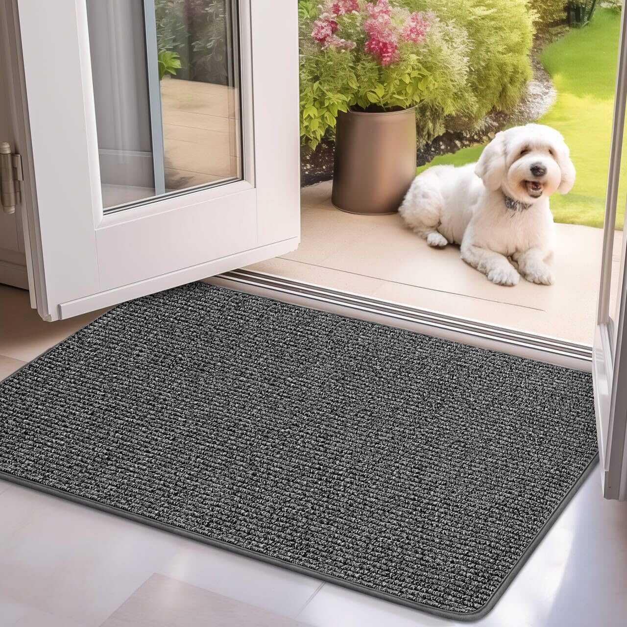 Non-Slip Absorbent Waterproof Front Door Mat with TPR Backing - Durable Indoor/Outdoor Entryway Rug for Home & Office - Machine Washable Easy Clean Doormat 30x18 Inches Grey - Perfect for High Traffic Areas, Mudrooms & Patios
