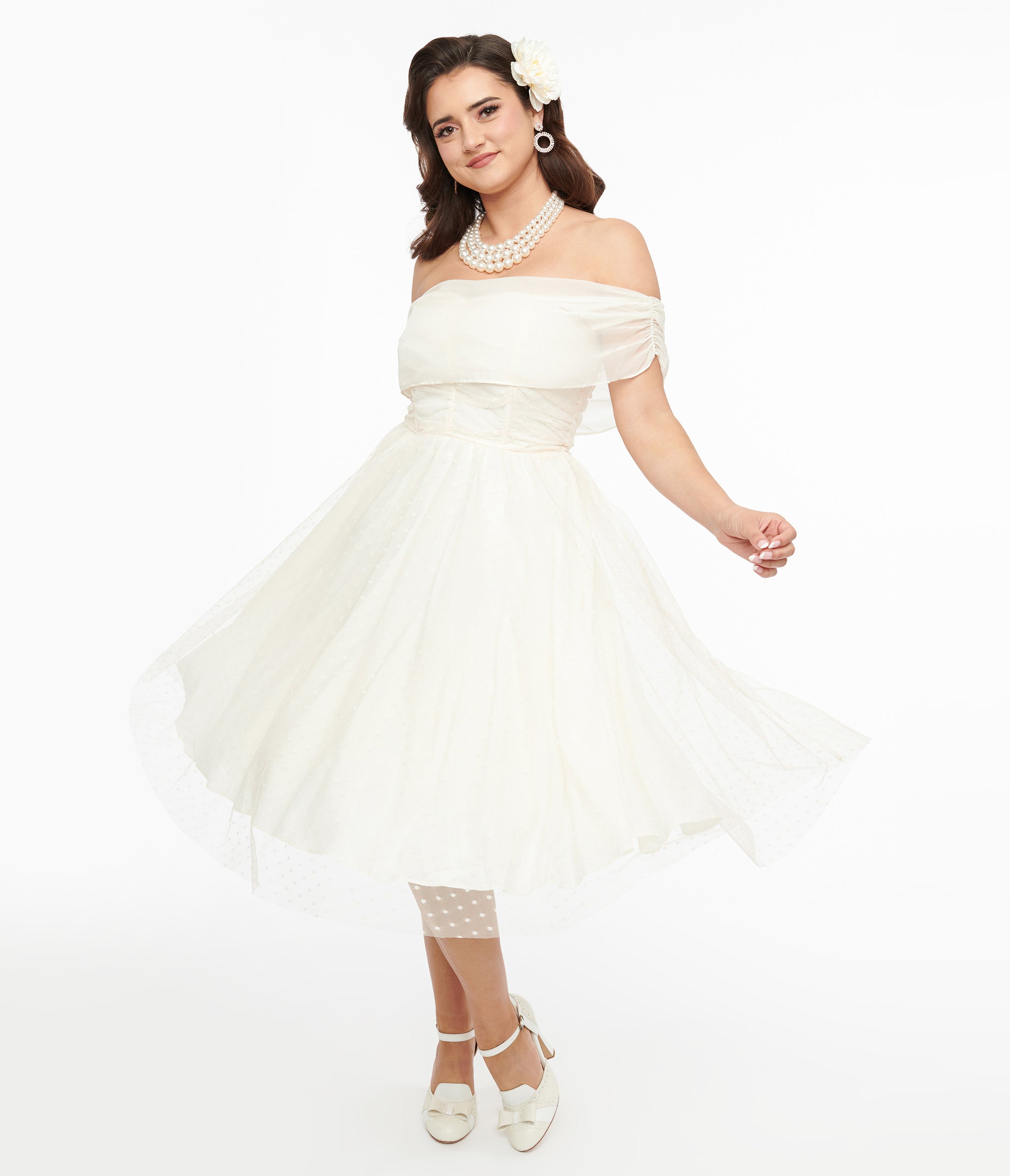Vintage 1950s Off Shoulder Cocktail Dress with Clip Dot Design - Perfect for Retro Parties, Weddings & Special Occasions