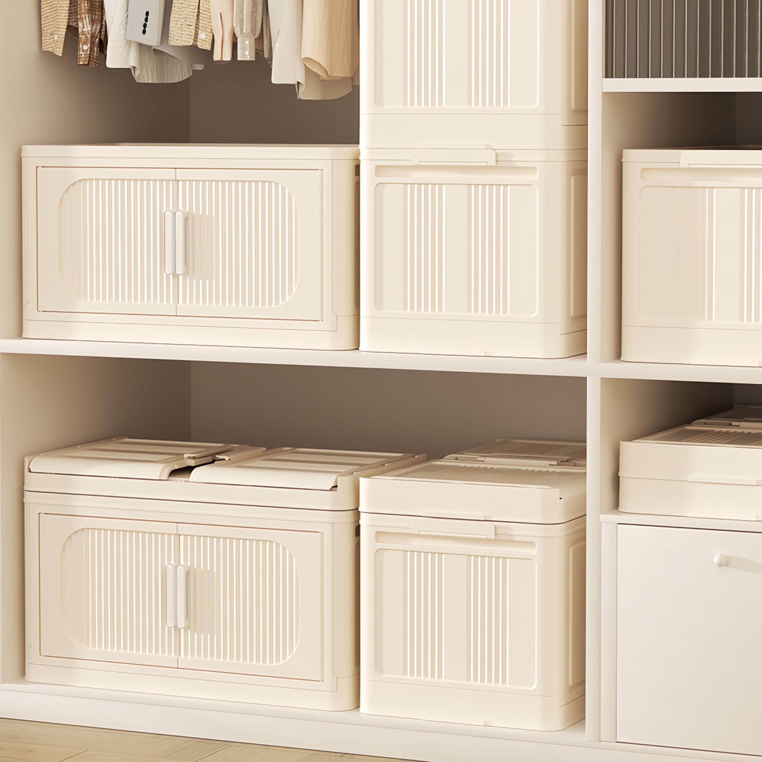 Foldable Cube Storage Bins with Lids & Wheels - 5-Tier Stackable Closet Organizer for Bedroom, Office & Kids Room - Cream White Open Front Storage Drawers for Home Organization