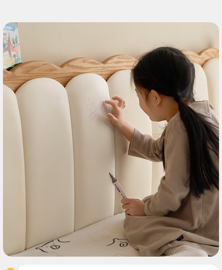 Premium Oak Solid Wood Kids Upholstered Bed with Soft Headboard - Milky White | Safe & Comfortable Toddler Bedroom Furniture for Boys & Girls | Perfect for Bedrooms, Daycare & Guest Rooms