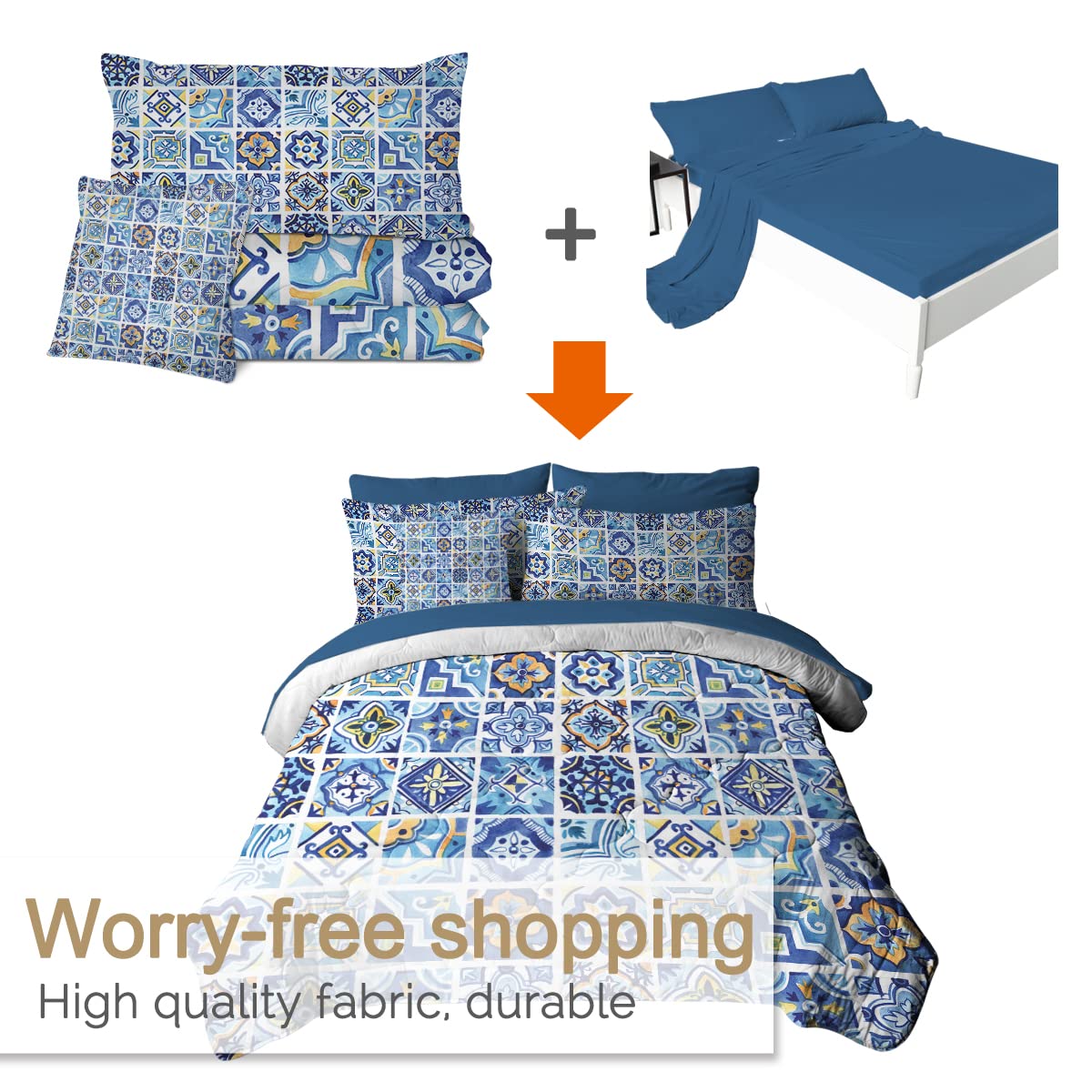 BlessLiving 8-Piece Mediterranean Tile Comforter Set - Full Size Navy & Yellow Down Alternative Bedding | All-Season Traditional Bed in a Bag with Comforter & Sheets | Perfect for Guest Rooms, Vacation Homes & Coastal-Themed Bedrooms