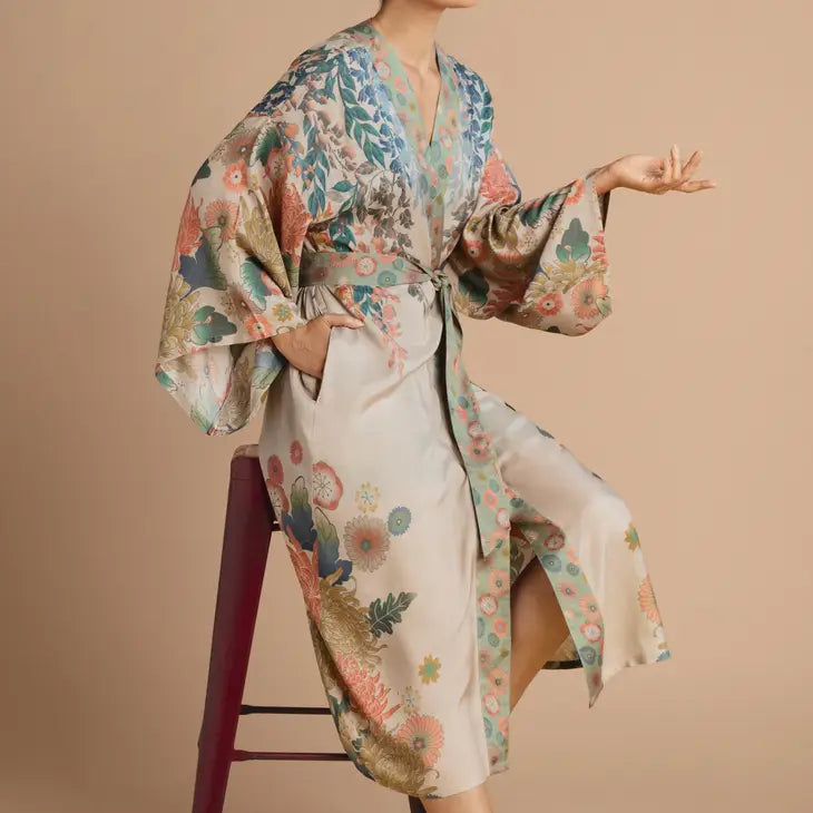 Elegant Coconut Trailing Wisteria Kimono Gown - Floral Print Boho Beach Cover Up, Loungewear & Summer Dress for Women | Perfect for Beach Vacations, Pool Parties & Boho Chic Outfits