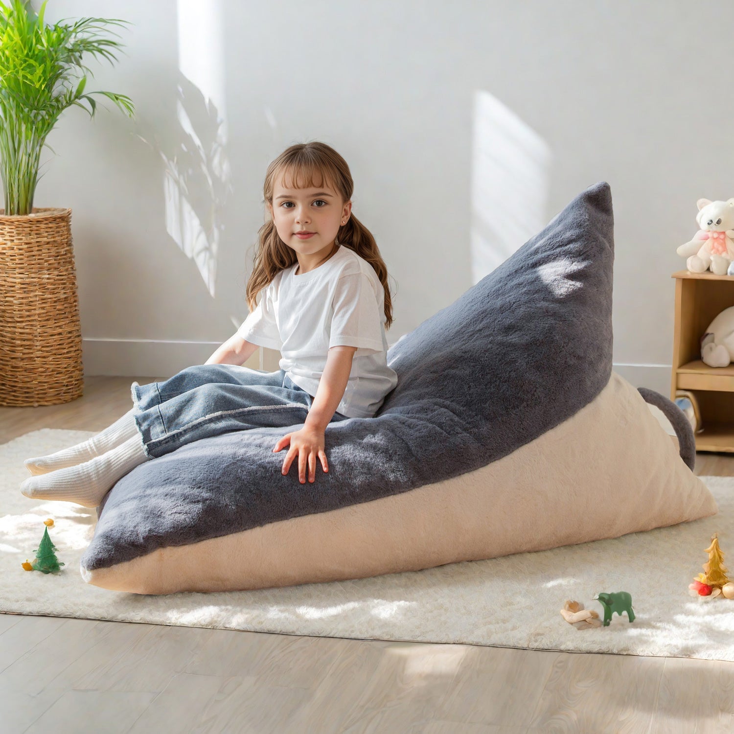 MAXYOYO Kids Bean Bag Chair with 2-Tone Handle - High-Density Foam Floor Lounger in Grey & White - Perfect for Playrooms, Bedrooms & Reading Nooks