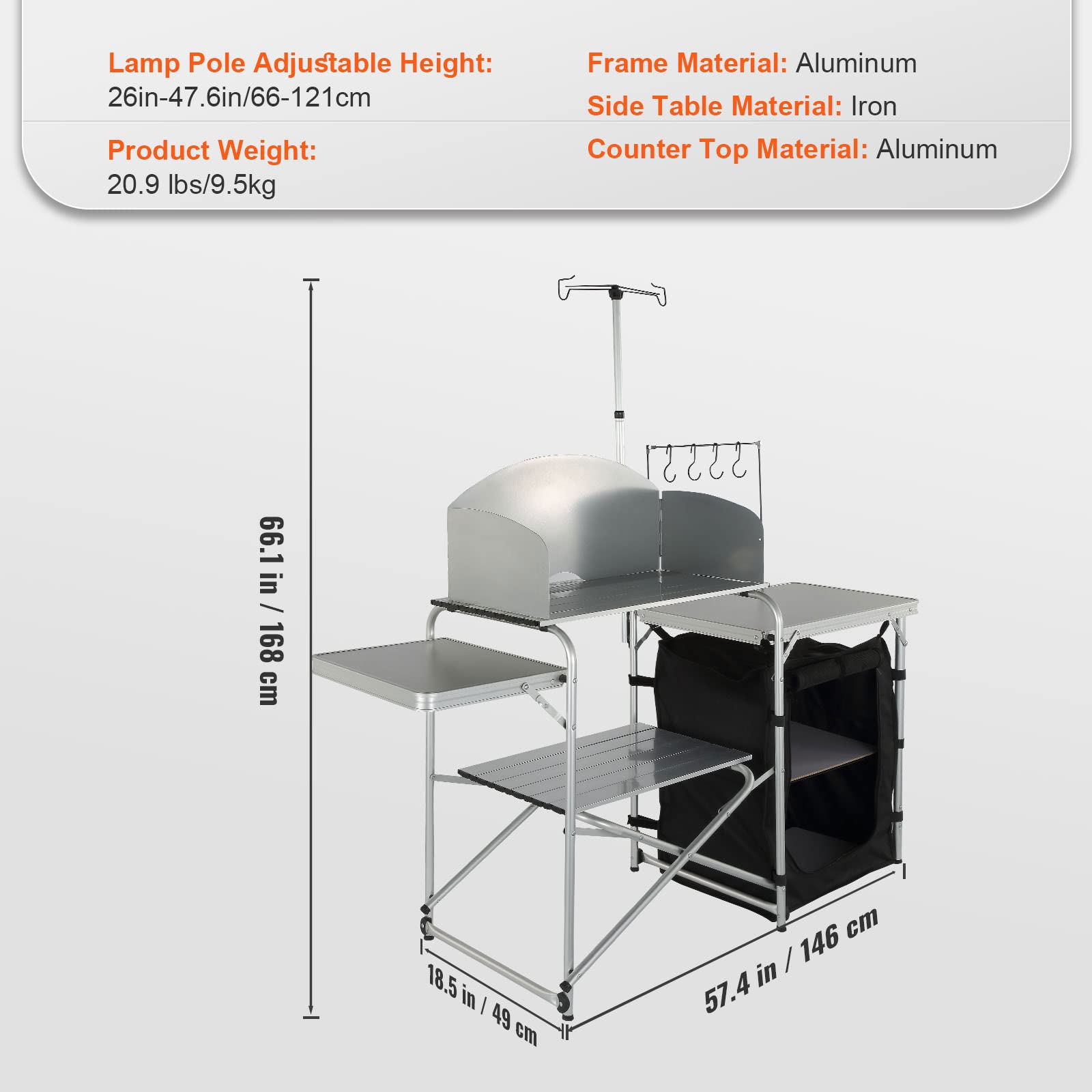 VEVOR Aluminum Portable Camping Kitchen Table - Foldable Outdoor Cook Station with Windscreen, Storage Organizer & Carrying Bag - Perfect for Camping, Picnics, Beach BBQs, RV Travel & Outdoor Adventures