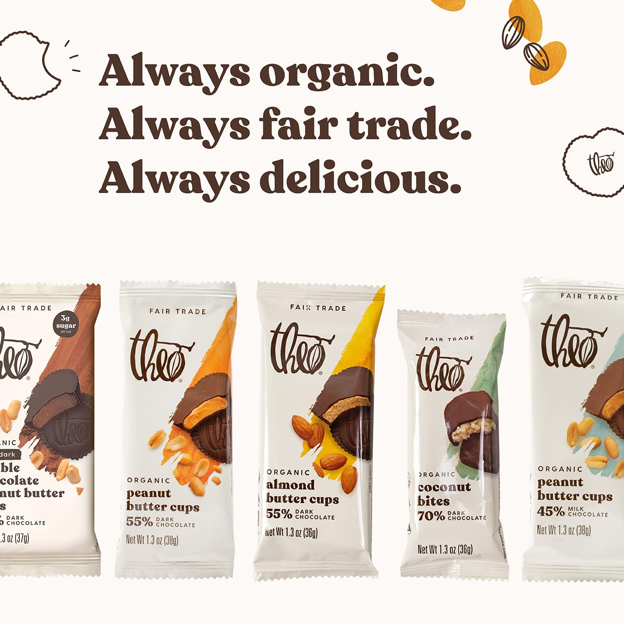 Theo Chocolate Organic Dark Chocolate Salted Almond Butter Cups - 12 Pack | Vegan, Fair Trade Certified | Healthy Snacks, Dessert Gifts & Party Treats