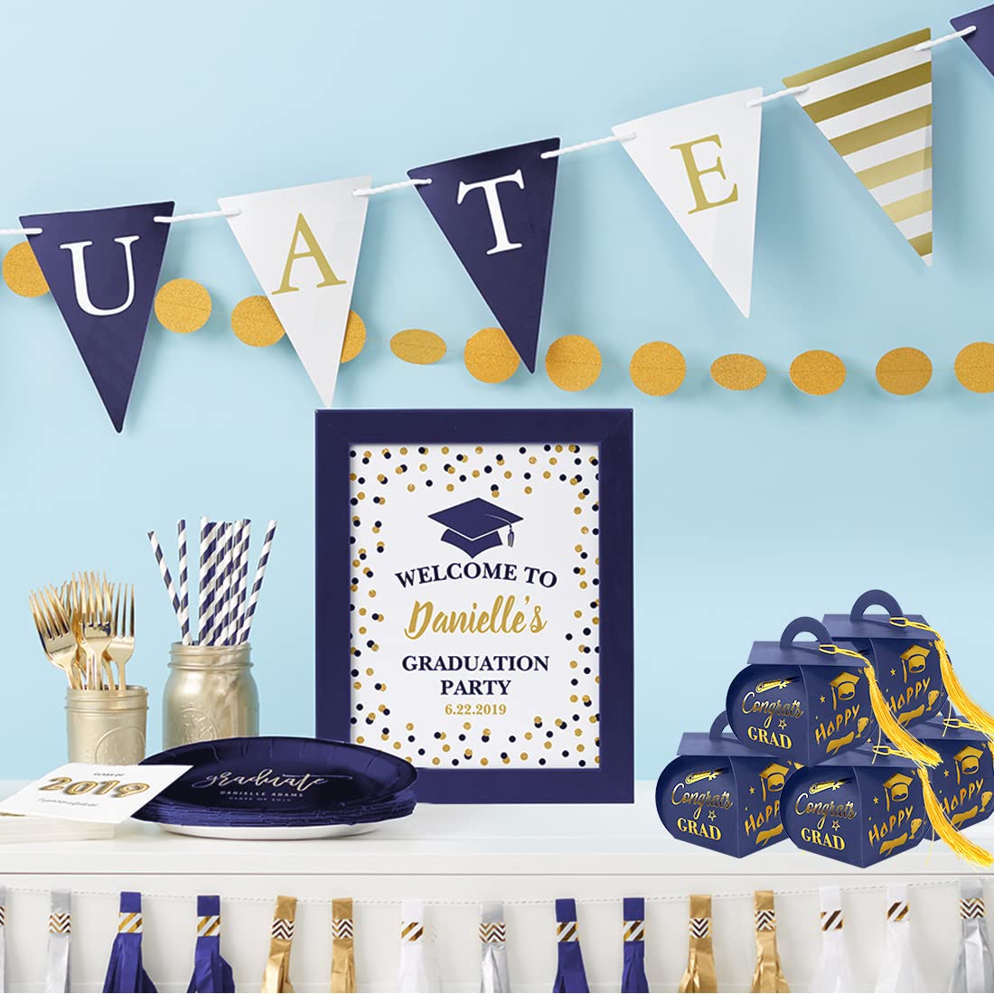 2025 Graduation Candy Boxes with Tassel - 30pcs Blue & Gold Grad Party Favors for Congrats