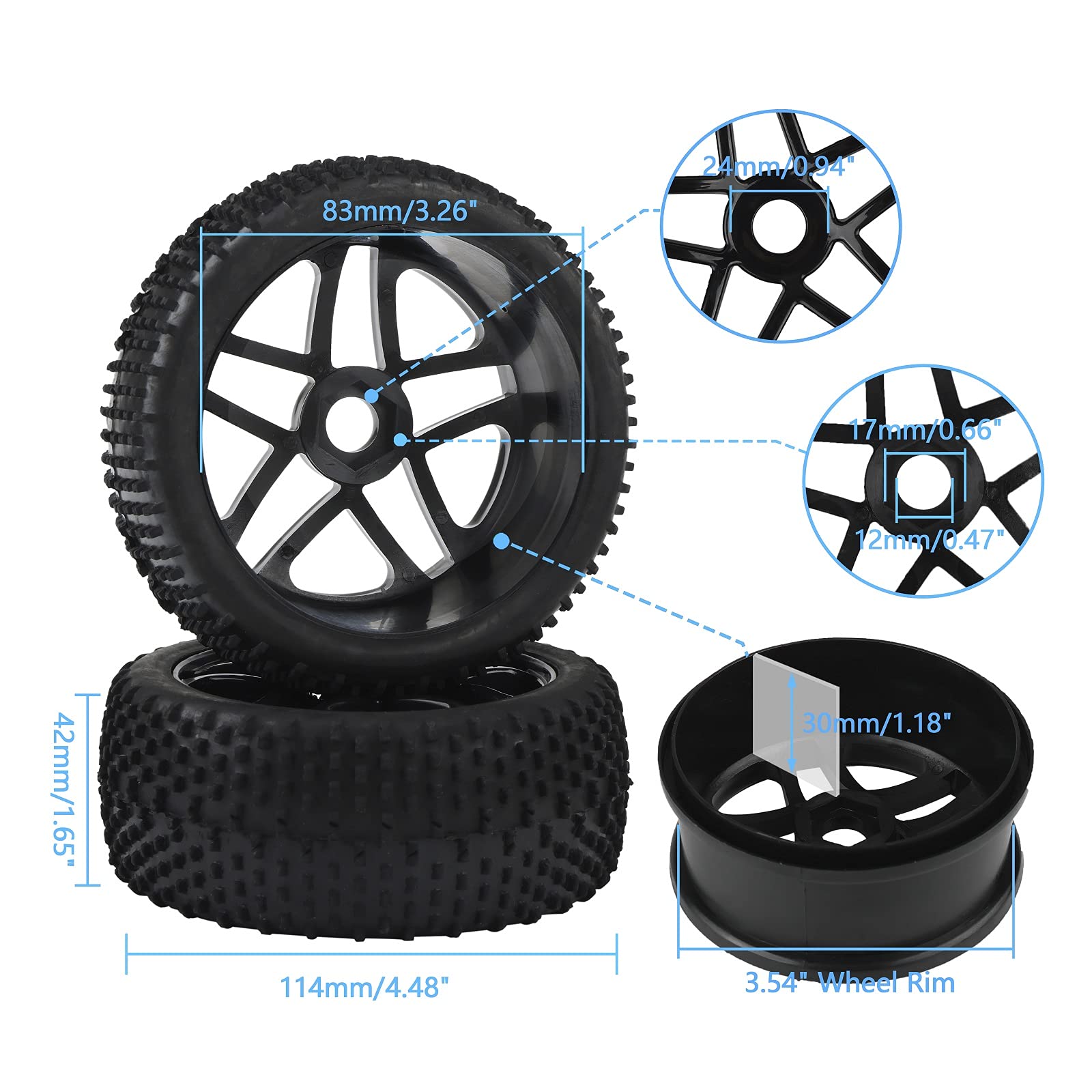 4PCS 1/8 Scale RC Car Tires & Wheels Set - 17mm Hex Off-Road Buggy Rubber Tires with Foam Inserts - Durable Black Rims for RC Crawler, Truggy, Rock Racer - Perfect for Racing, Bashing & Off-Road Adventures