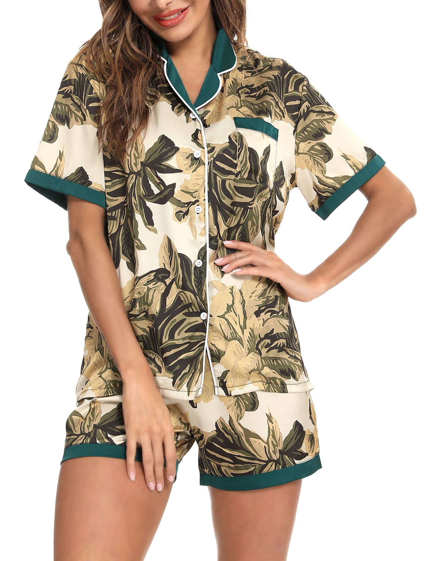 ENJOYNIGHT Women's Silk Satin Pajama Set - Short Sleeve Button Down Sleepwear & Lounge PJS for Comfortable Nightwear, Loungewear, and Gift Giving