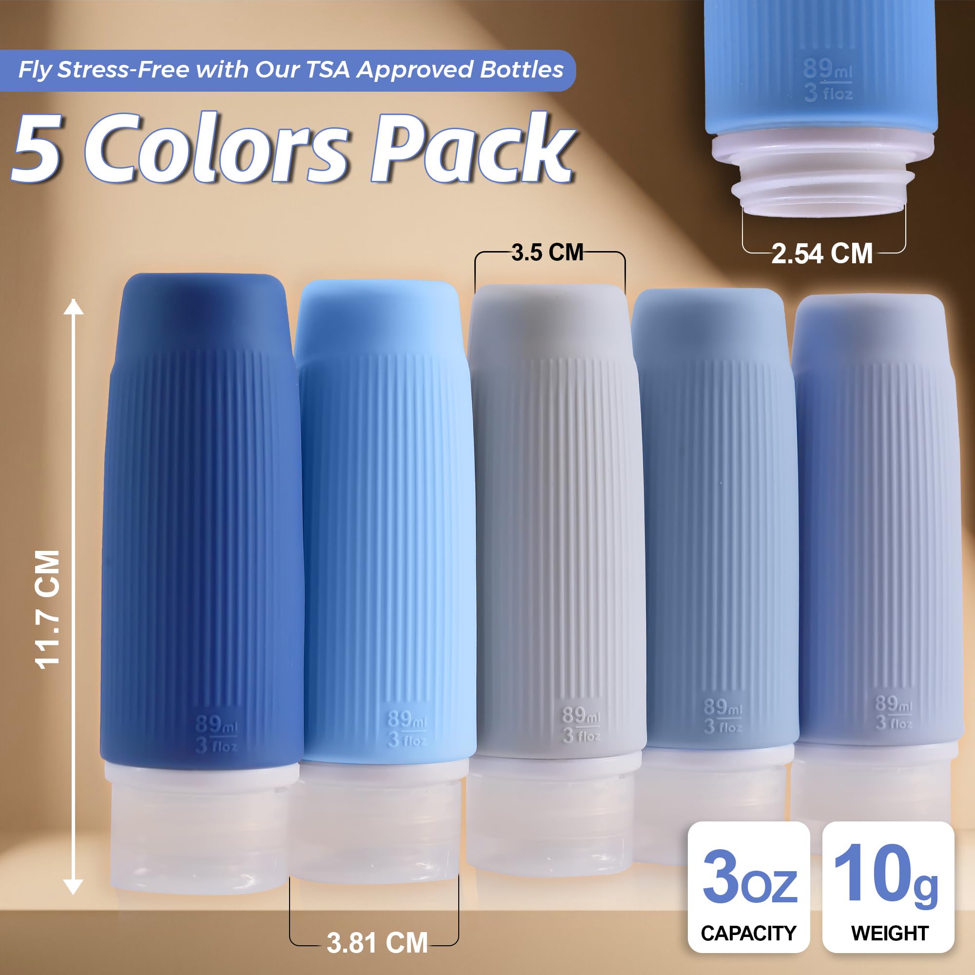 3 Oz Silicone Travel Bottles Set of 5 - TSA Approved Leak Proof Squeezable Toiletry Containers with Zipper Pouch & Labels for Shampoo, Conditioner, Lotion (Blue) - Perfect for Air Travel, Gym, Camping & Vacation Essentials