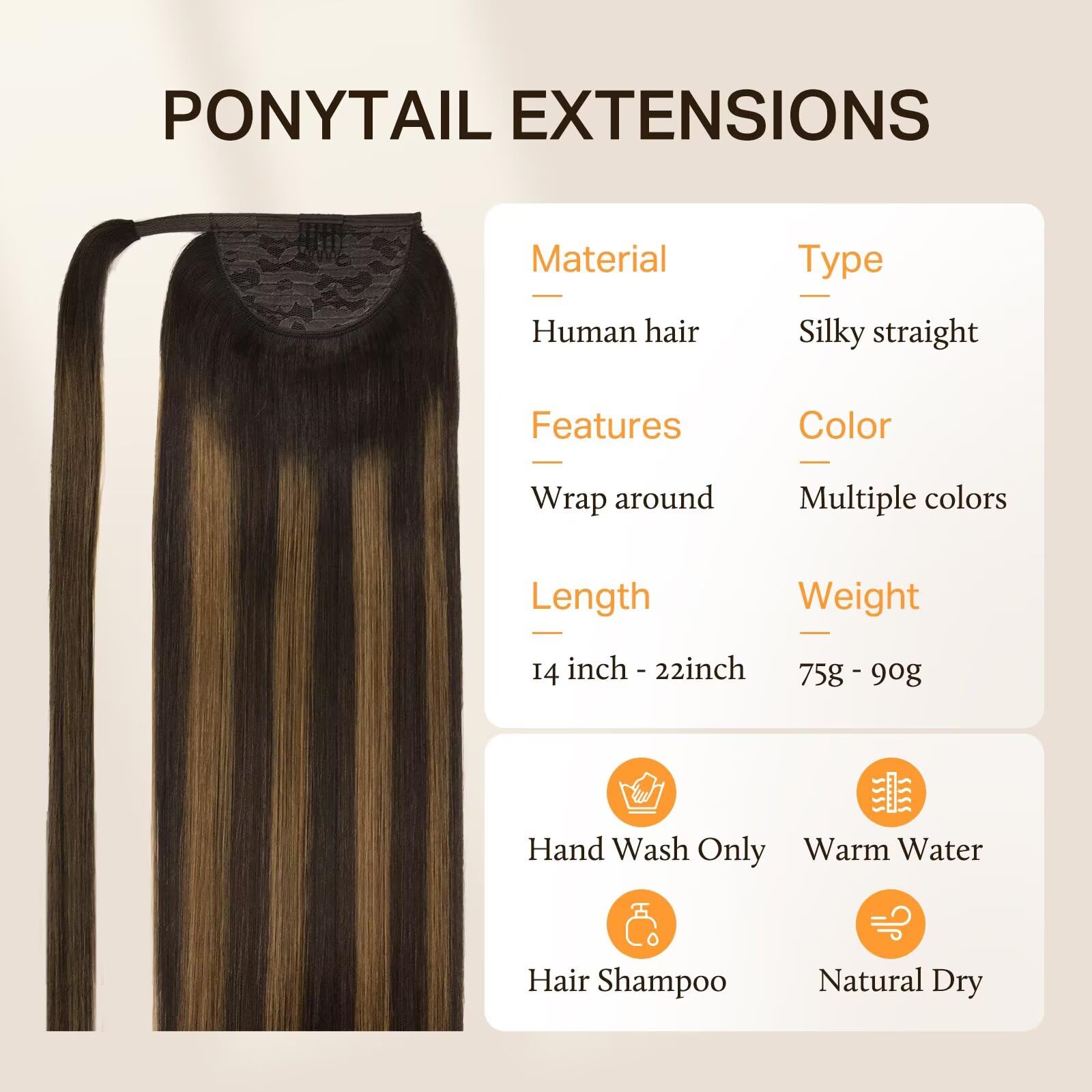 DOORES 14 Inch Clip-in Ponytail Hair Extension - 75g Real Human Hair, Balayage Dark Brown to Chestnut Brown, Straight Heat Resistant Invisible Magic Paste | Perfect for Parties, Weddings, Cosplay & Daily Styling