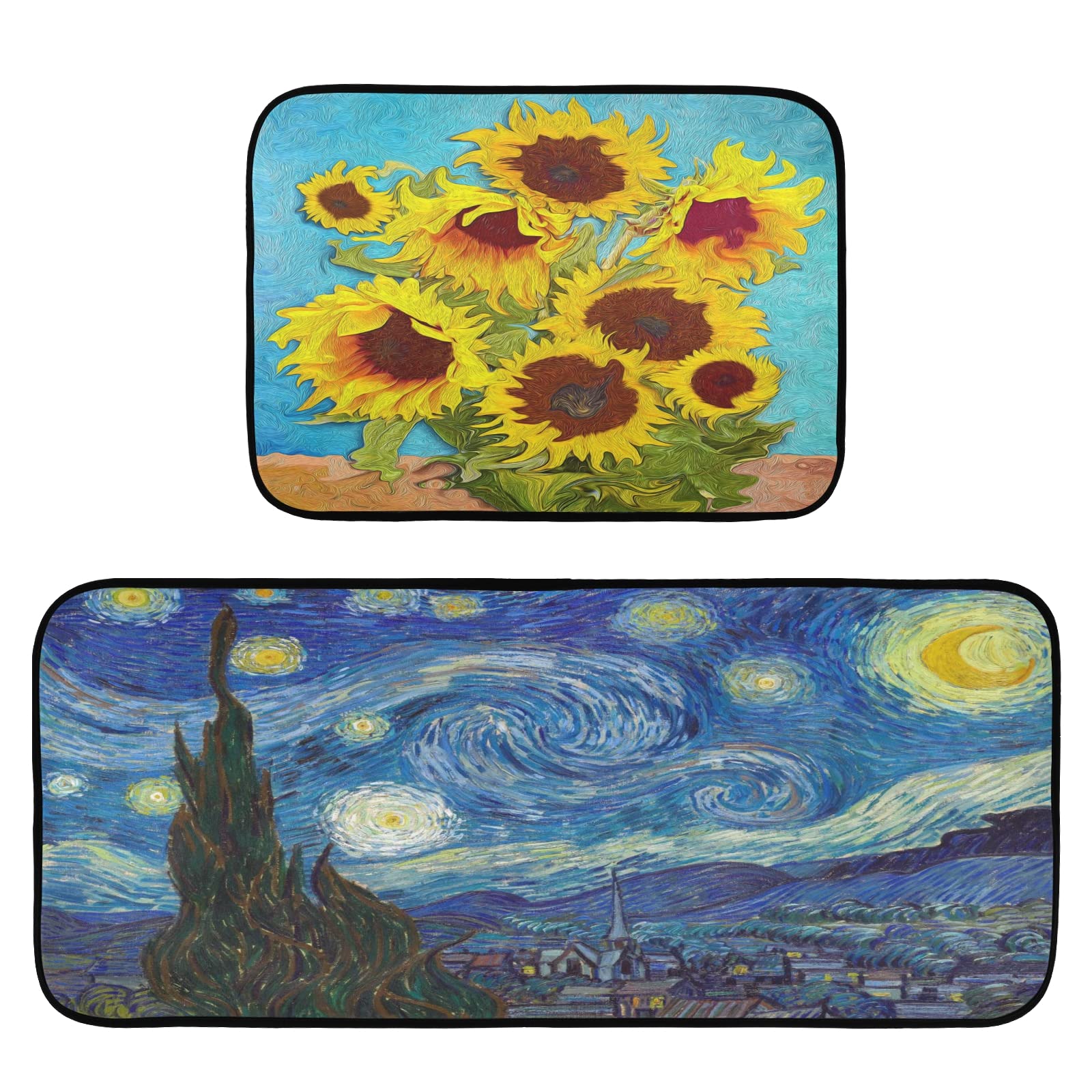 Van Gogh Sunflower & Starry Night Non-Slip Kitchen Rug Set of 2 - Washable Polyester Floor Mats for Comfort Standing in Kitchen, Laundry, Sink & Office - Anti-Fatigue Mats for Home Decor & High Traffic Areas