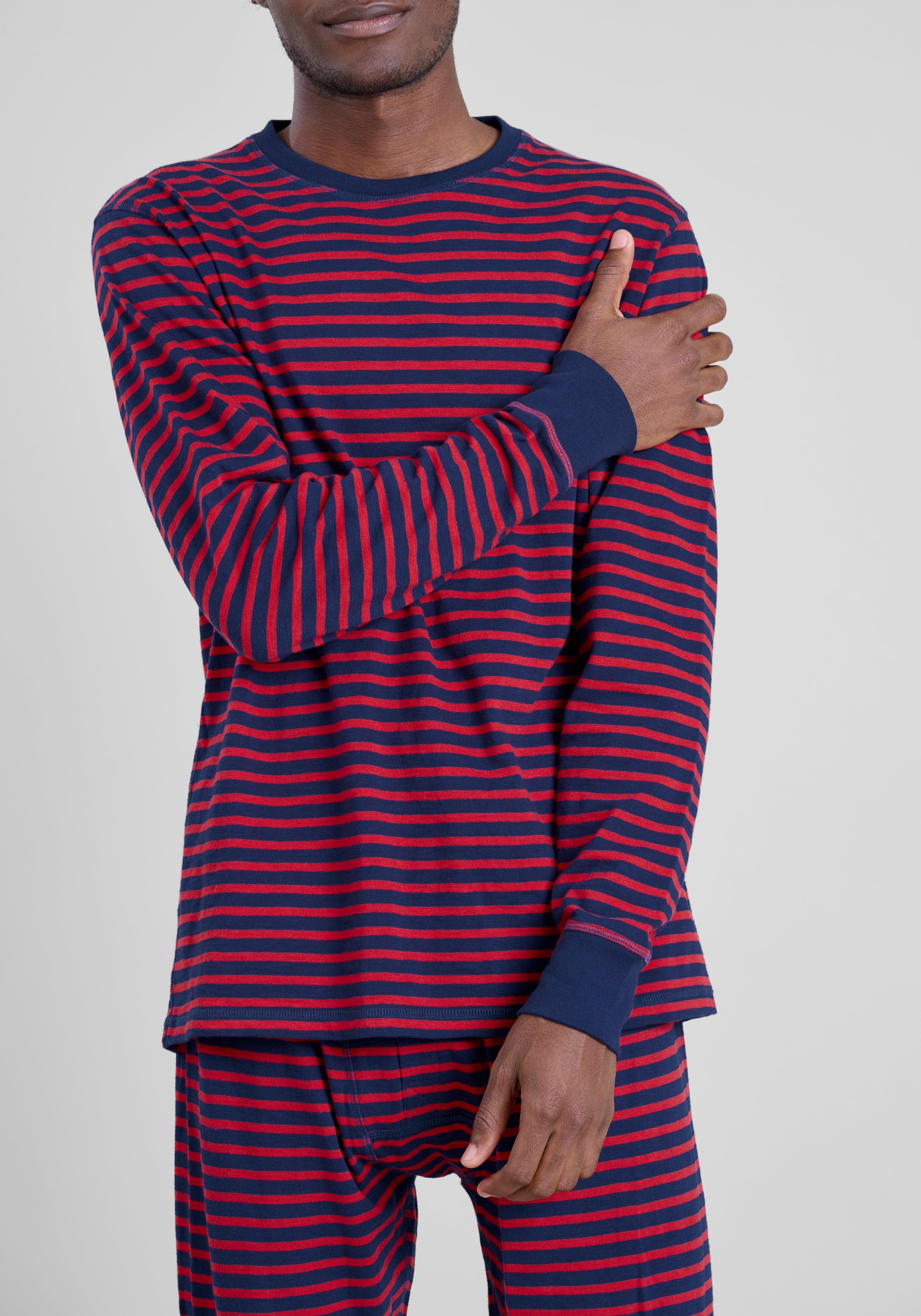 Keith Lounge Set in Navy and Red Stripe Slub Jersey - Comfortable Cotton Knit Pajama Set for Men & Women - Perfect for Home Relaxation, Lounging and Sleepwear