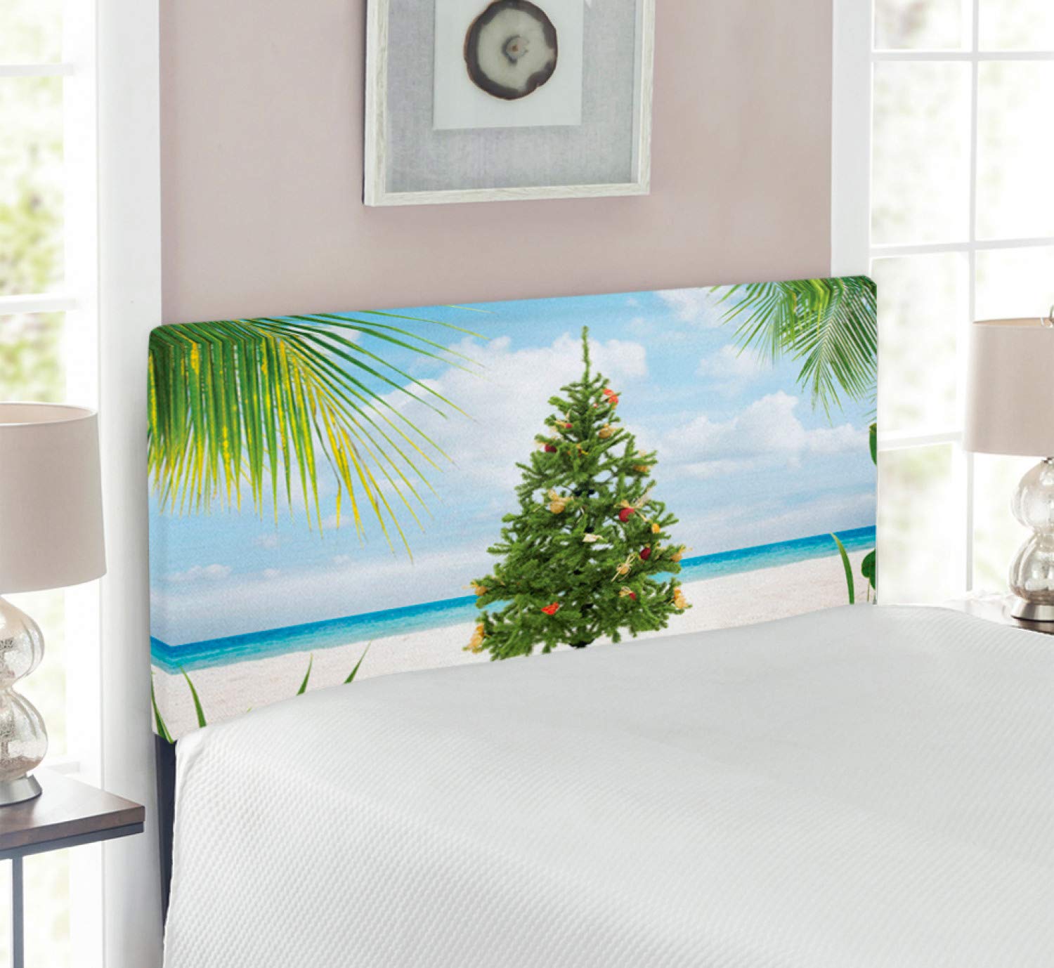 Ambesonne Christmas Headboard - Tropical Island Sandy Beach Party Theme with Tree Tinsel & Ornaments | Upholstered Decorative Metal Bed Frame with Memory Foam | Twin Size in Green, Blue & Cream | Perfect for Holiday Bedroom Decor & Beach-Themed Guest Rooms