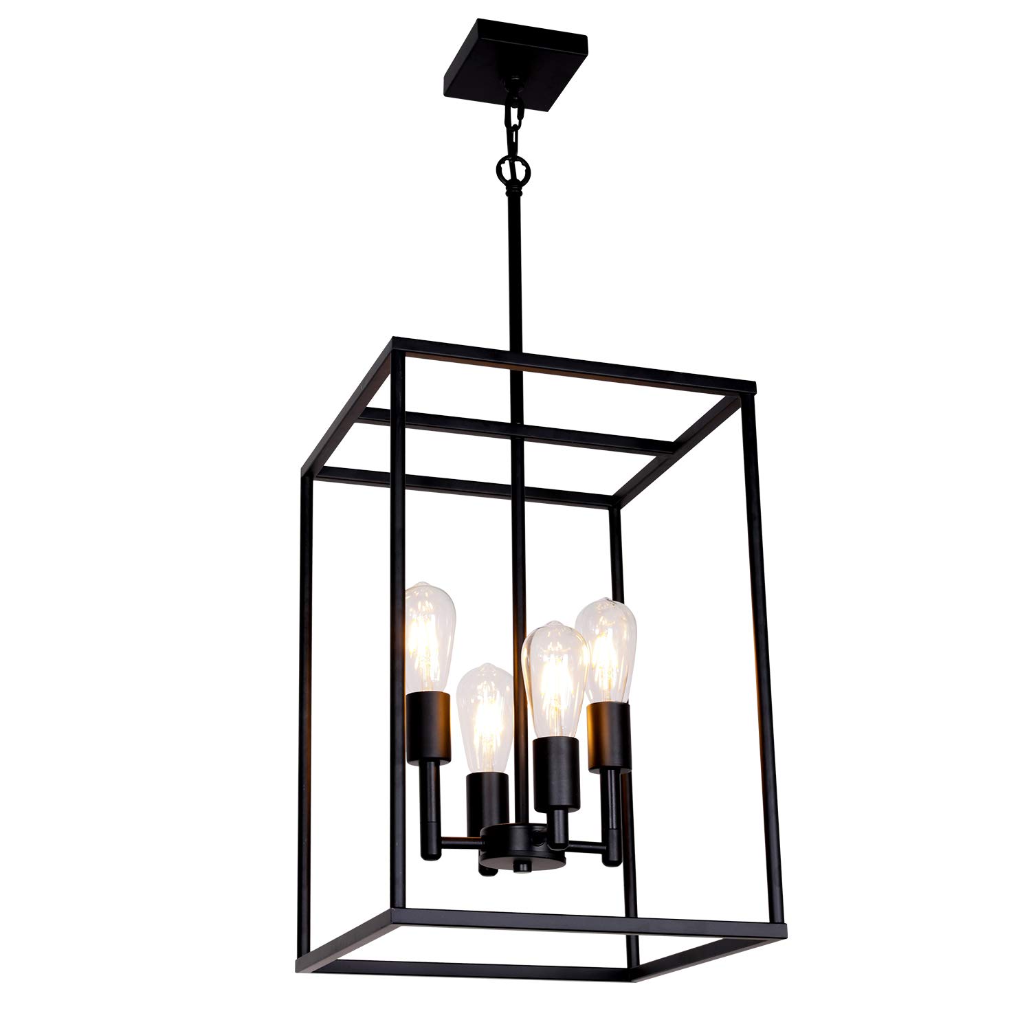 VINLUZ 4-Light Industrial Farmhouse Pendant Light - Large Black Square Metal Cage Chandelier with Painted Finish - Perfect for Dining Room, Foyer, Living Room, Cafe & Bar Decor