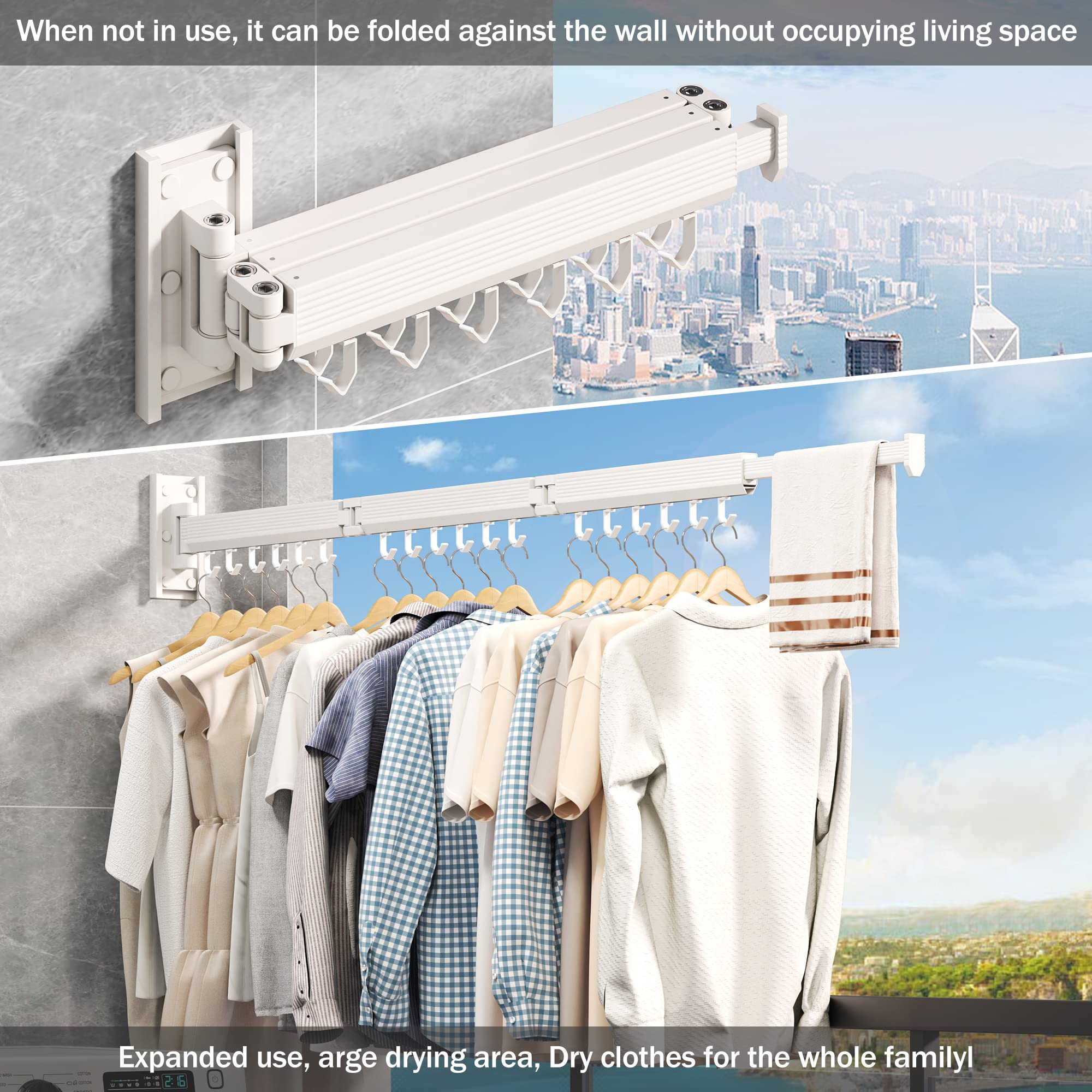 Wall Mounted Drying Rack - Foldable & Retractable for Laundry - White