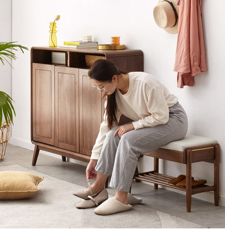 Solid Black Walnut Shoe Storage Bench with Flip Top - Multi-Functional Entryway Organizer for Shoes, Hats & Bags - Perfect for Hallway, Bedroom or Closet Organization