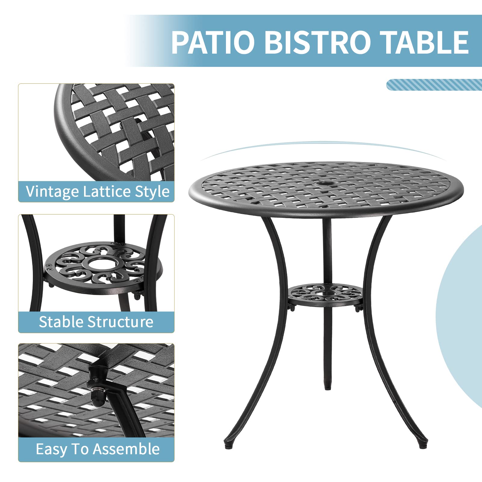 3-Piece Outdoor Bistro Set - Rust-Resistant Cast Aluminum Patio Table and 2 Chairs - Black Garden Furniture for Small Spaces, Balcony, Courtyard or Cafe Style Dining